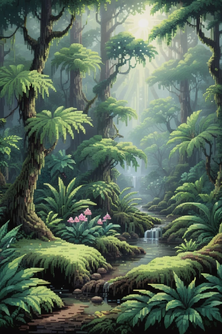 pixel art,
environment), (beautiful scenery)
Masterpiece, best quality, 8K, high res, ultra-detailed,  amongst lush greenery, adorned by vibrant flowers, no humans, beautiful view, ultra-detailed, fine detailed, highly detailed, intricate, highly detailed, ultra-detailed, scenery, no humans, misty atmosphere, solitary, intricate details, delicate features, verdant trees, soft moss, deep forest, intricate leaves and vines, wisps of light, verdant green, ,wild nature oil painting,