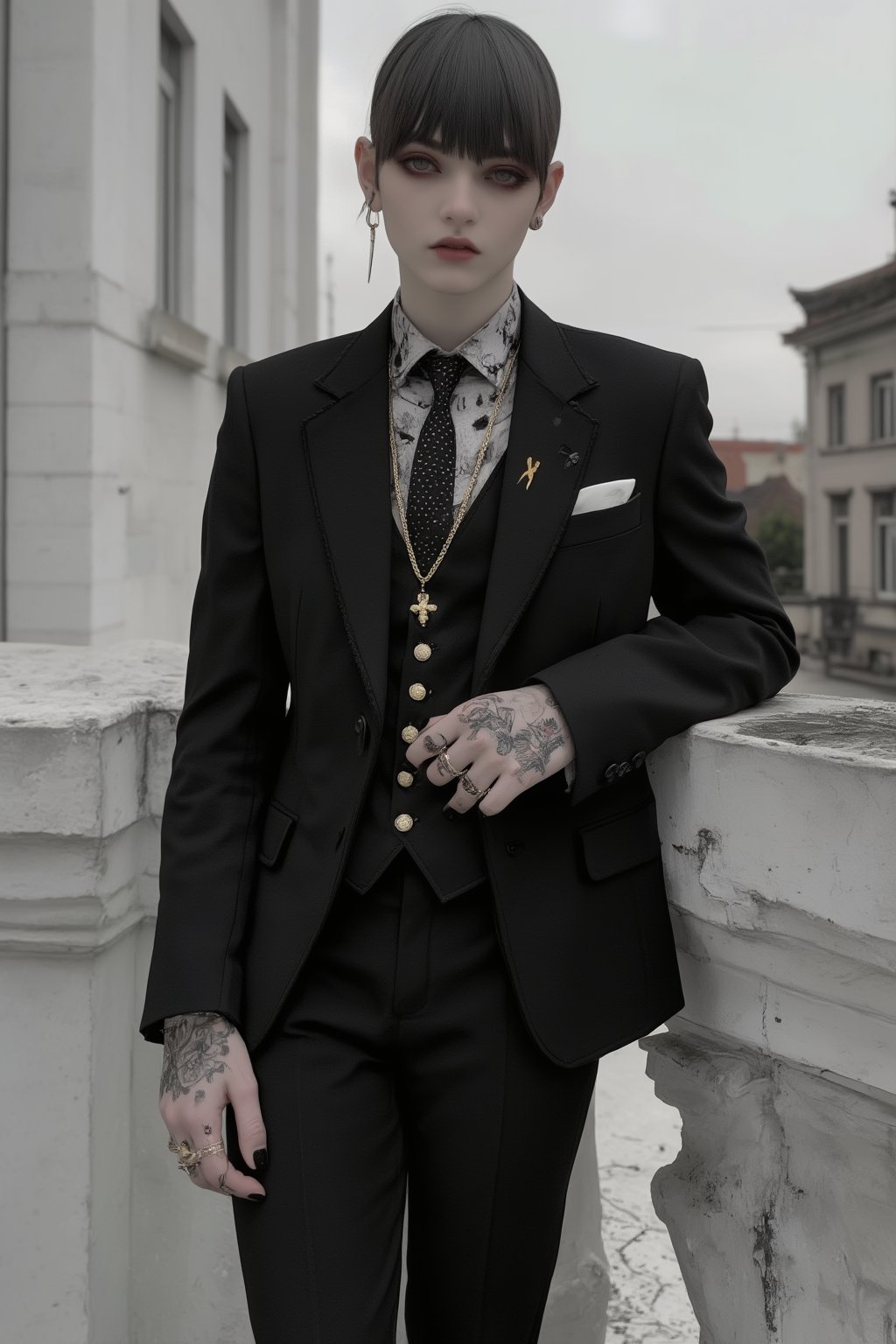 Solo,Real,nasty man, aesthetic French gentleman, emo aristocratic style, short hair,eye shadow,emo Gothic makeup, chic black business suit with polka dot tie, 
black manicure finger,(luxury golden lapel pin chain), Flower handkerchief in chest pocket, Slender man with long legs and tall stature,Handsome boy,lyh,dal,gothic-chic_style