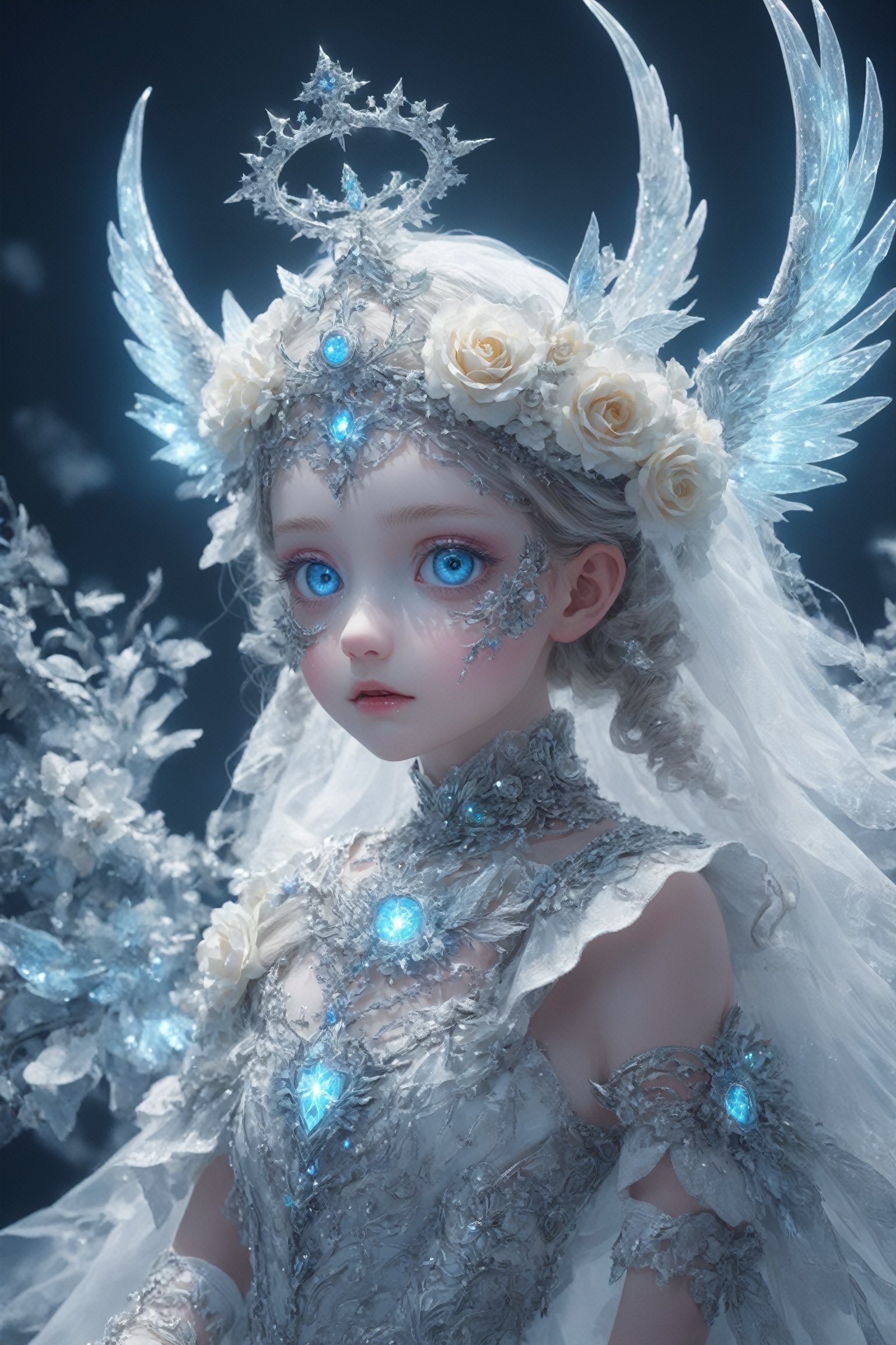 ultra Realistic, Extreme detailed, 1 girl, 12years old,Goddess of Light,transparent respirator on facethe crown is silverr,girl has blue eye,star-shaped pupils,sparkling eyes, (Flower Bride), (Wings that pulsate with neon lights,
alabaster skin,
Christmas Fantasy World,DonMSn0wM4g1cXL,shiny