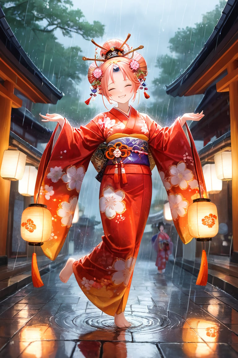Enchanting scene of an oiran dancing gracefully in warm, gentle rain. 1girl,Elaborate kimono with vibrant floral patterns, partially translucent from rain. Long ornate hairpins swaying with movement. Serene smile on white-painted face, eyes closed in bliss. Barefoot on wet cobblestones, creating small splashes. Soft lantern light glowing through misty rain, casting a warm ambiance. Cherry blossom petals falling, mingling with raindrops. Background of traditional Japanese architecture, slightly blurred. Rain creating a shimmering effect on silk kimono. Oiran's dance pose elegant and joyful. Overall atmosphere romantic and dreamlike, merging tradition with ethereal beauty.",oiran