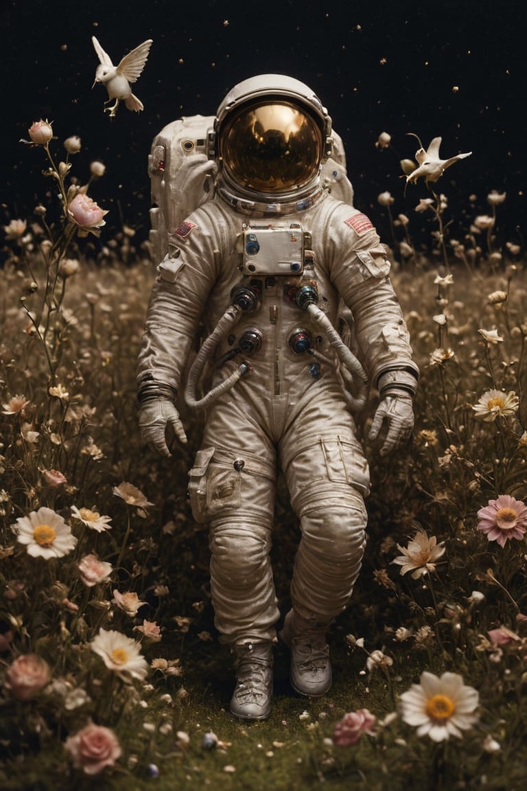 beautiful bizarre,The Art of Kris Kuksi,Intricate Design,Aphrodite, Astronauts in flight,
,action figure,LimbusCompany_Dante,astronaut_flowers,flower Field