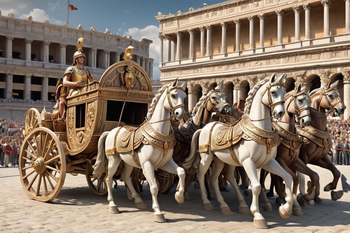 Quadriga,real Horse,Roman Soldier,ancient Roman chariot, adorned the grand arenas.chariot is a masterpiece of craftsmanship, its wheels intricately carved and adorned, ,Roman,H effect