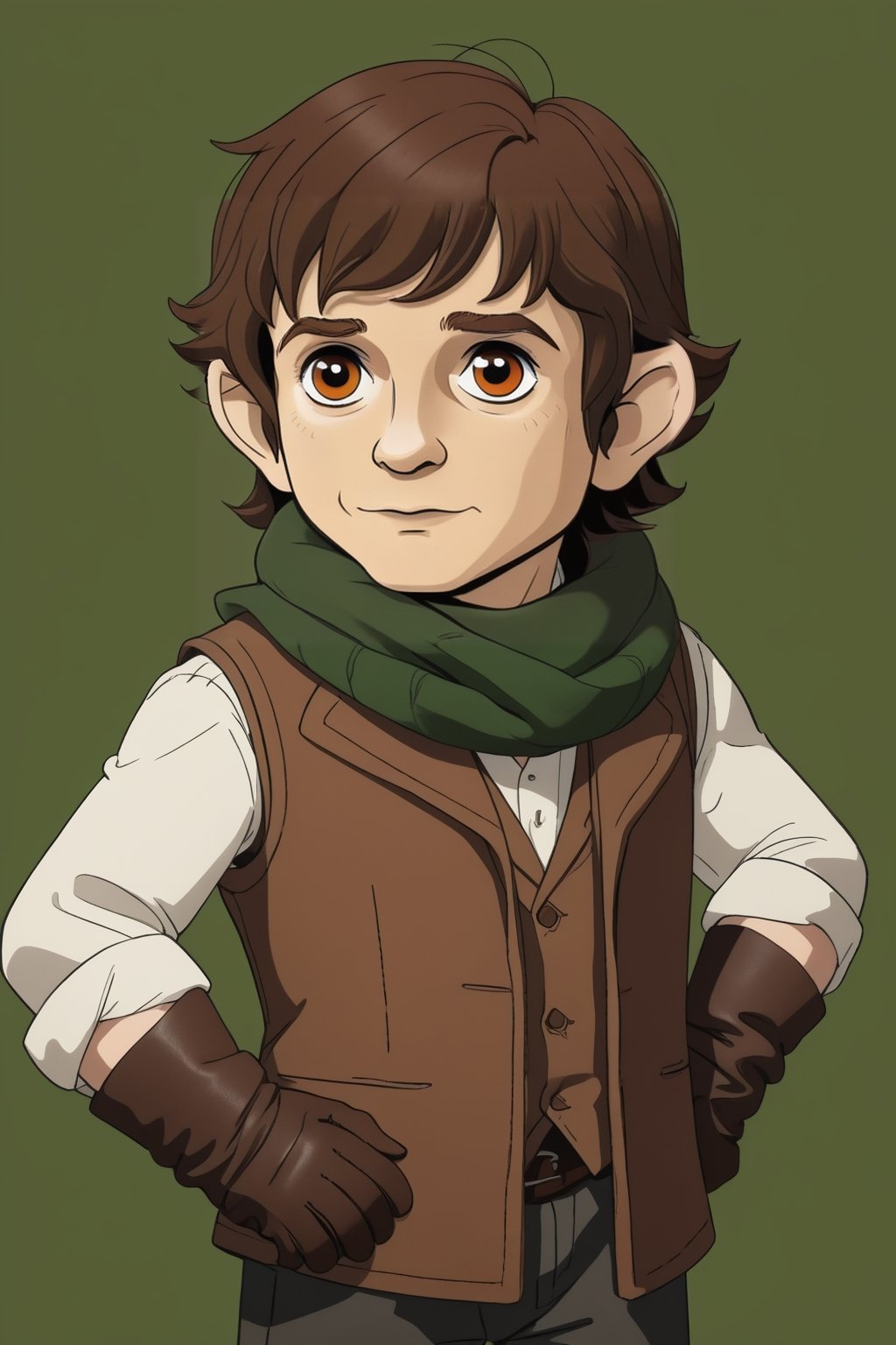 Bilbo Baggins,chilchuck tims, brown hair, brown eyes, leather gloves, green scarf, long sleeves, sleeves rolled up, brown vest, game cg, best quality, amazing quality, best aesthetic, absurdres, solo ,score_9_up,chibi