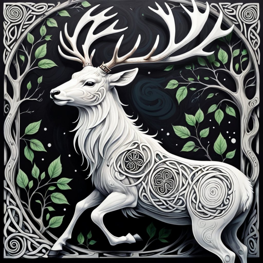 ((Abstract painting:1.4)), face seen from the side,fairy tale illustrations,Simple minimum art, myths of another world, pagan style graffiti art,
Abstract Celtic-inspired line art. Majestic white stag with intricate, branching antlers. Flowing knotwork forms the stag's body, merging with surrounding designs. Spirals and triskeles create mystical atmosphere. Thin, precise lines in stark white against dark background. Antlers transform into tree branches with leaves. Hidden animal shapes within the patterns. Geometric Celtic key patterns frame the edges. Ethereal and minimalist style with intricate details, Minimalist yet detailed,GaelicPatternStyle,lineart