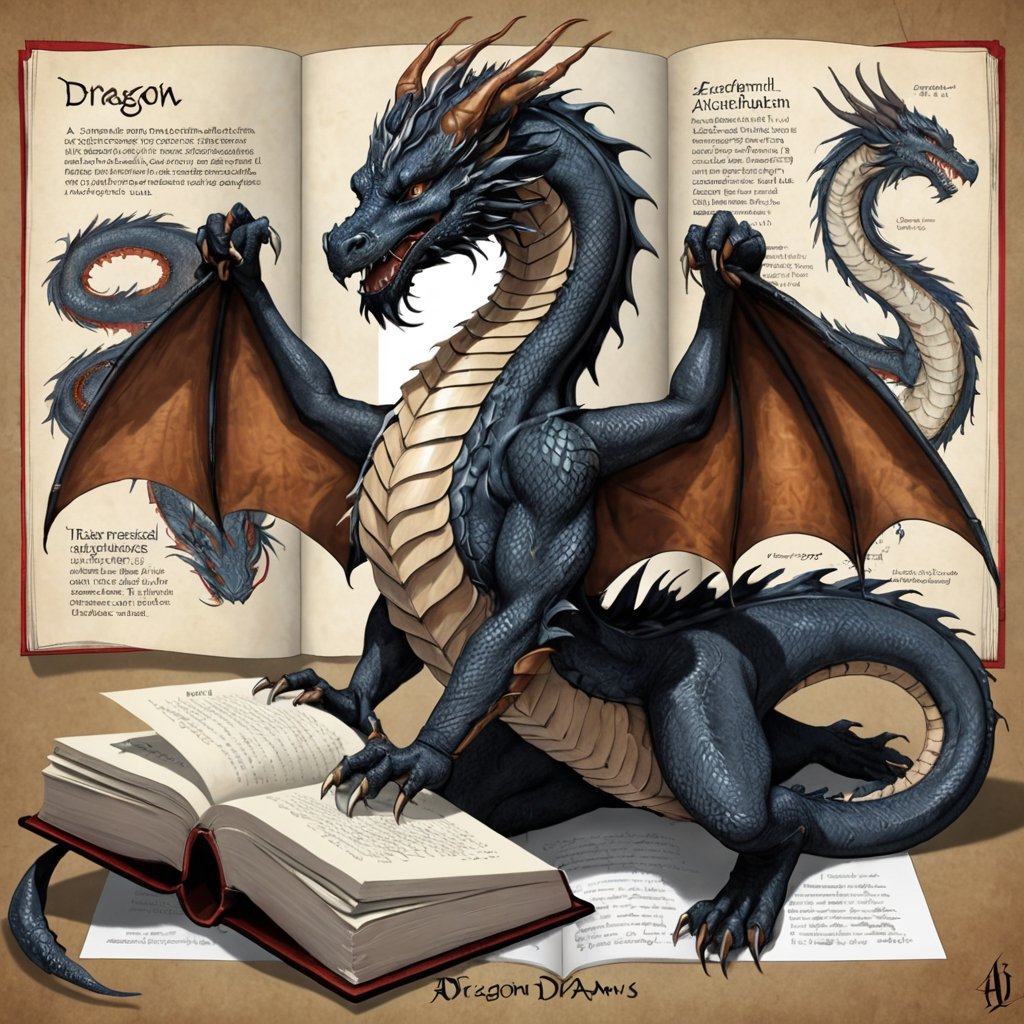 ((Infographics)),ENCYCLOPEDIA,ancient parchment unfolds to reveal a meticulously illustrated dragon, compendium,Each page, delicately crafted with quill and ink, The accompanying text, written in elegant calligraphy, in the style of esao andrews,darkart,drwbk coloring book drawing,Strange Dragon