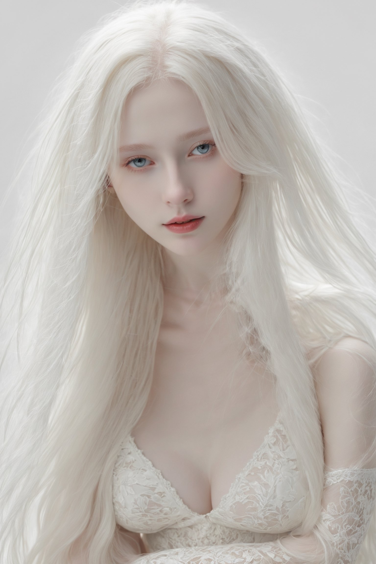 (best quality, 4k, 8k, highres, masterpiece:1.2), A creepy yet intriguing digital illustration portrait of a albino pale young girl, pure white hair,smooth hair,
psychedelic long hair, She wears a seductive white lace outfit with white fur accents, embodying the essence of allure and sensuality, ,valent_1314