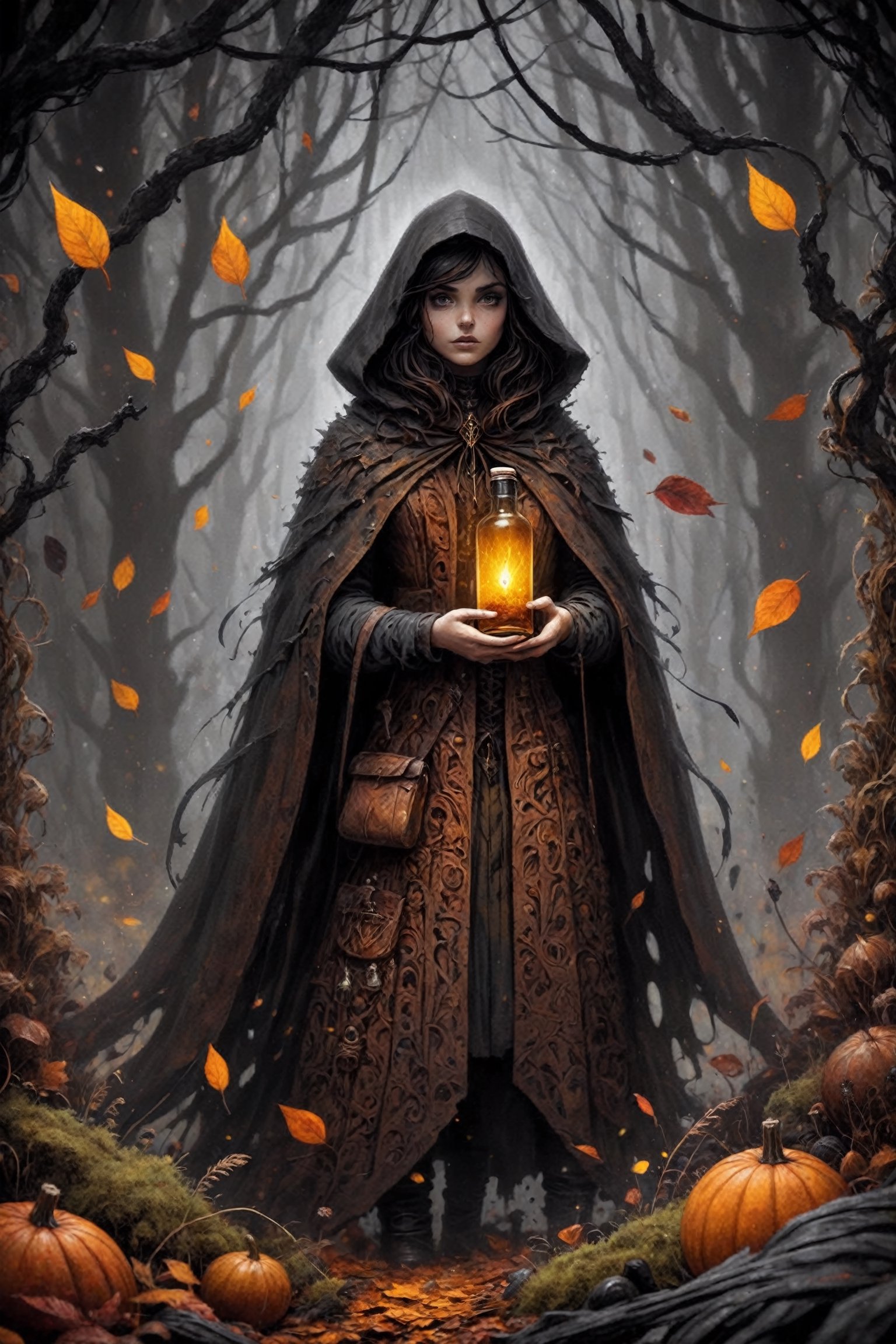 girl wizard, made out of autumnal foliage and plants, cloak made out of brown moss and dark leather forming intricate patterns, toxic spellcraft bottle, dark moody universe background with all manner of autumnal colored plant matter in the background, insanely,ebonygold,SelectiveColorStyle,LegendDarkFantasy