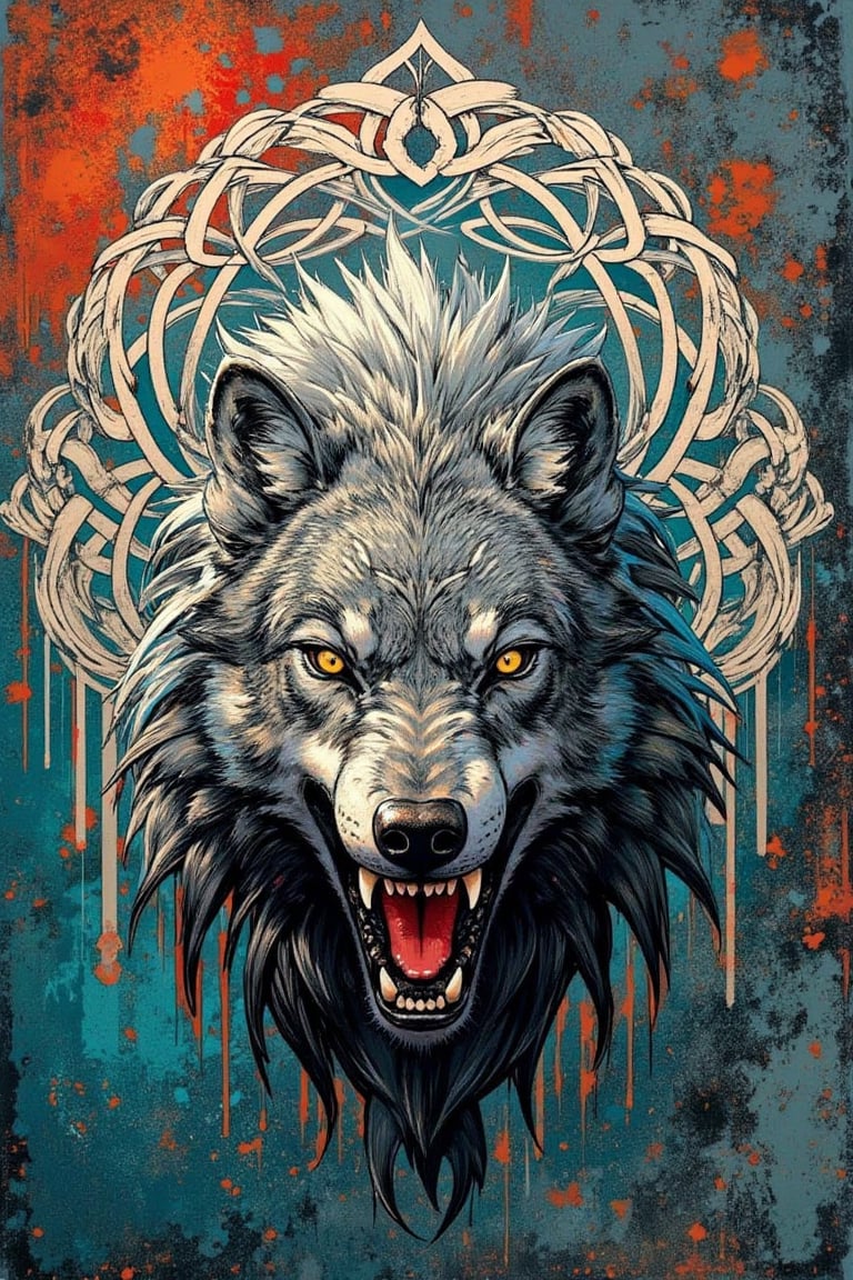 A detailed illustration of a snarling wolf head with its mouth wide open, showing sharp teeth. The wolf's fur is rendered in intricate black and white pen strokes. Behind the wolf's head is an elaborate Celtic knot design in white, intertwining in complex patterns. The background is a textured blend of deep teal blue at the bottom, transitioning to rusty reds and oranges at the top, giving an aged, weathered look. IThe image has a grungy, vintage feel with high contrast between the detailed line work and the muted, textured background. Hyper-realistic details, 8K resolution, dark fantasy,surrealportraits