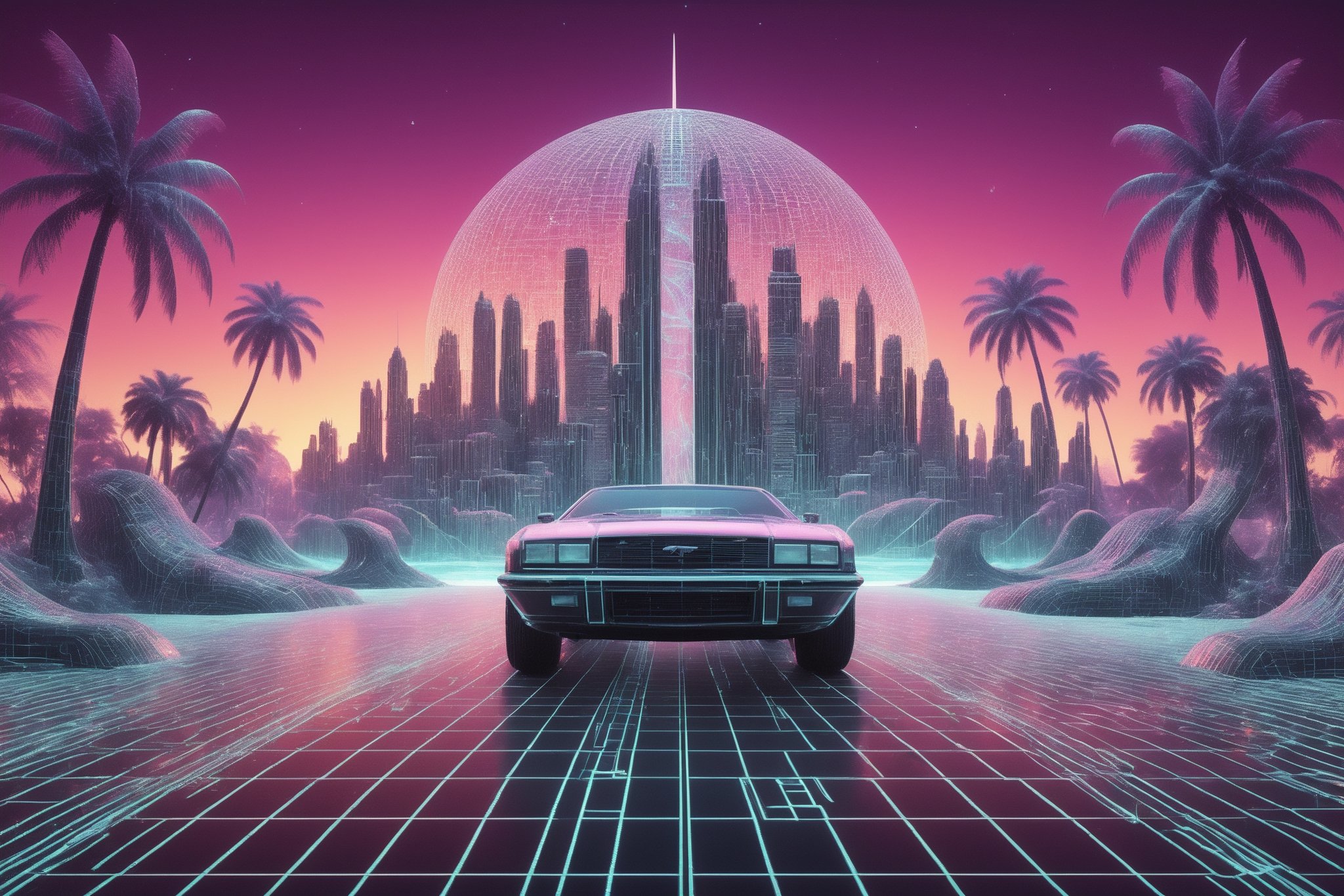 1980's wireframe Retro CG style,Logic hologram wireframe World,(Retro CG),
(wireframe hologram beach),(hologram wire framered sunset),hologram Palm tree,hologram muscle car,
,3D Mesh,3D mesh digital Matrix,Clear Glass Skin,GLASS,Matrix code,Amidst the dynamic world of 3D design,retropunk style