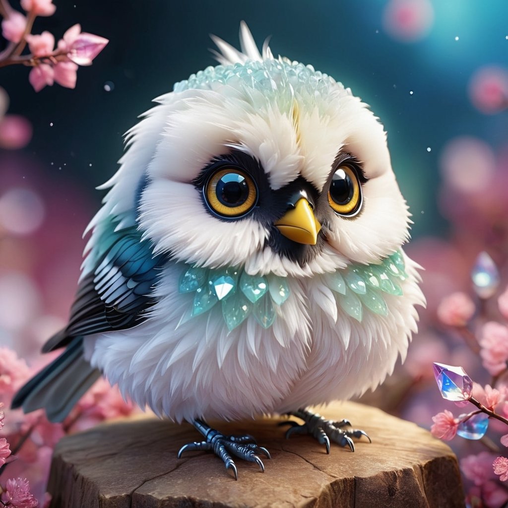 Extreme Detailed,kawaii animal,chibi,
colorful translucent crystal Body White fluffy tit,crystal,cute Shiny black large eyes,
Emphasize the intricate,