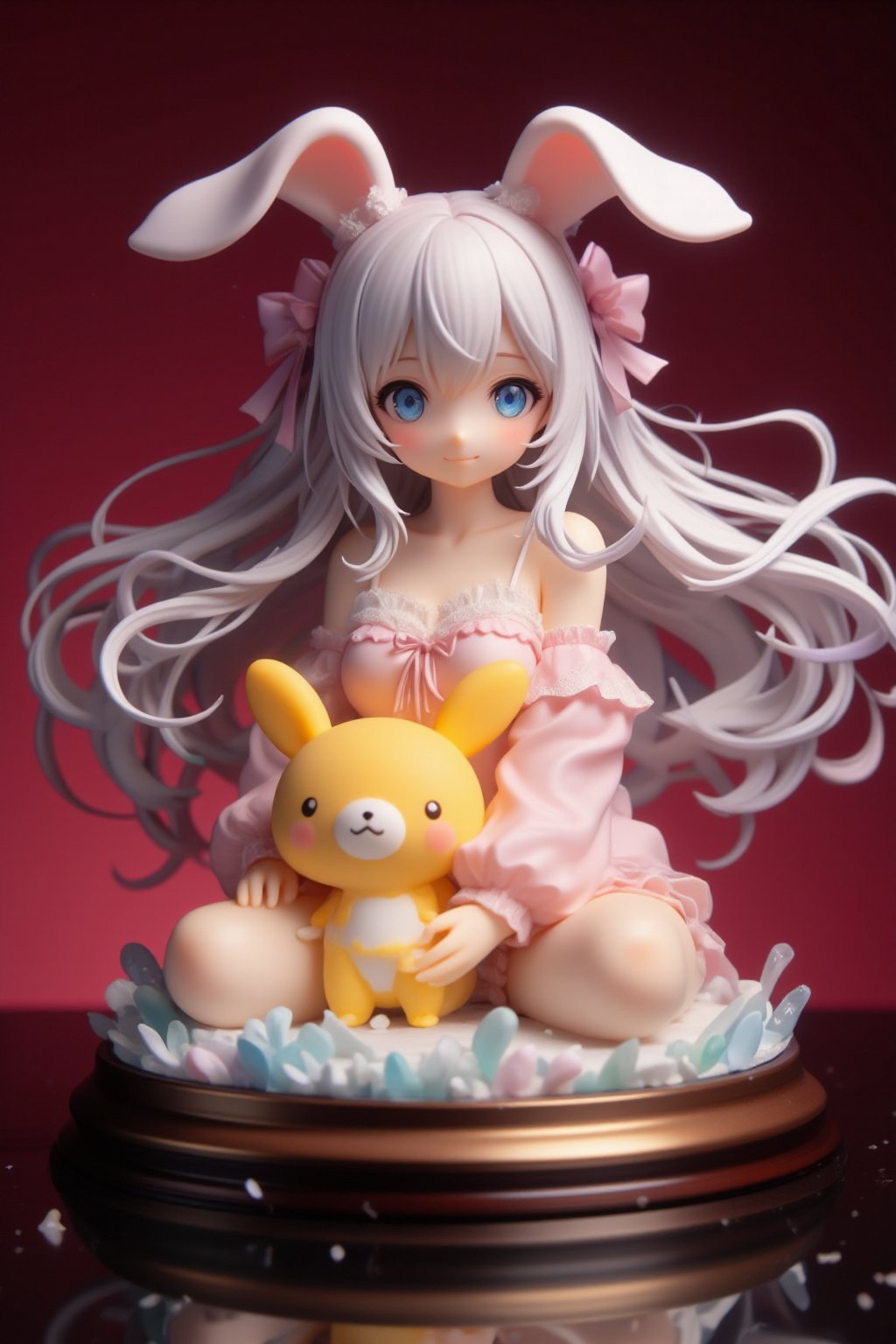 anime figure, white-haired girl with bunny ears, sitting pose, long flowing hair, blue eyes, pale skin, light pink bodysuit, delicate frills and ribbons, cute expression, holding yellow cartoon mascot, circular reflective base, deep red background, studio lighting, high detail PVC sculpture, 1/7 scale, professional product photography, soft shadows, glossy finish, intricate hair strands, subtle pastel colors, contrast with dark background, collectible aesthetic, kawaii style, dynamic composition, 8K resolution, focus on fine details,lyh,dal,create figure 2