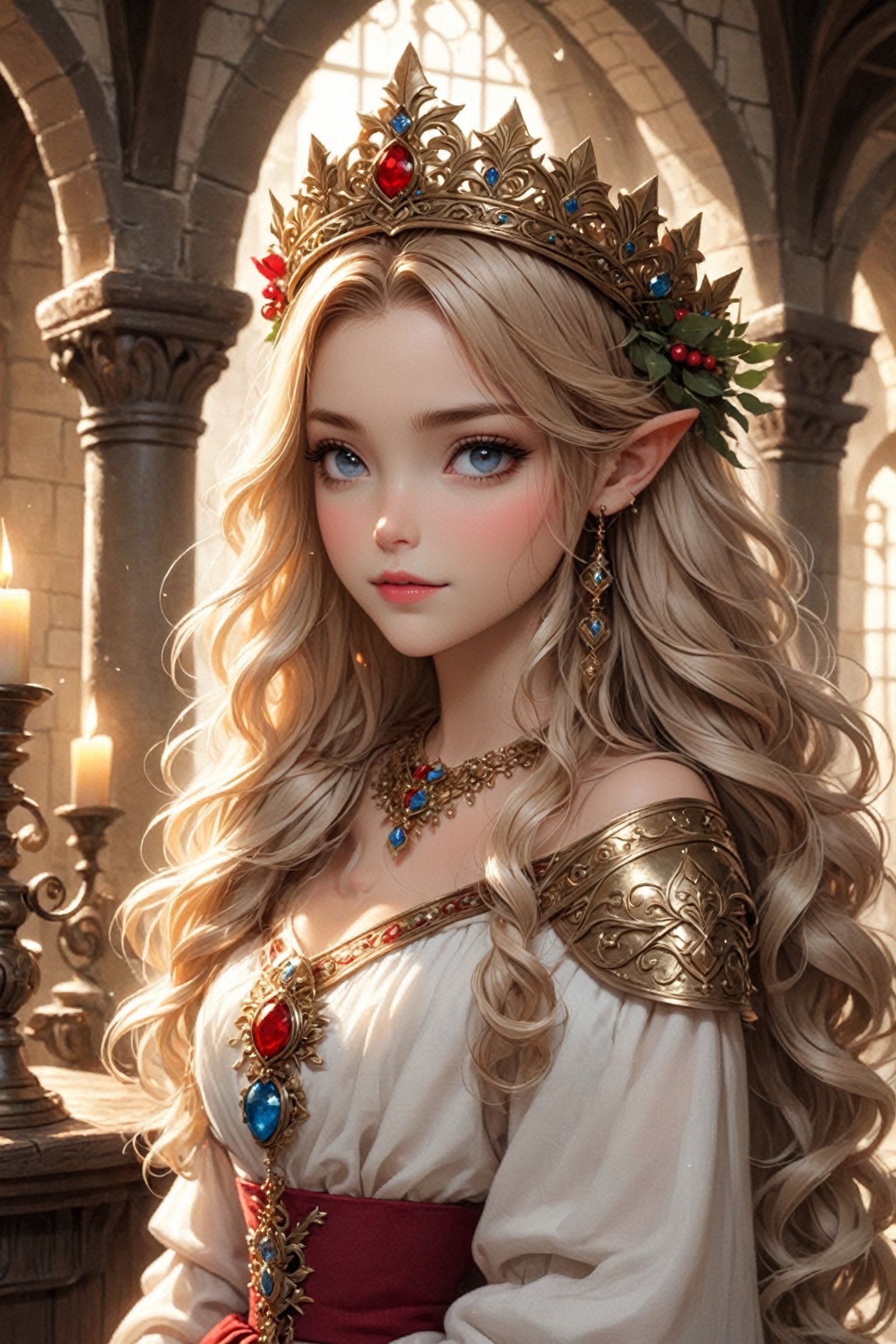 1Little girl, little queen,Wearing elegant blouse, (Sun Goddess Spiked Halo crown :1.2) ,
luxurious hotel, where girl reclines with supernatural elegance,Her alabaster skin and flowing hair contrast beautifully, while her crimson eyes exude mystery. Adorned in elegant attire, 
medieval inn with fantasy themes, featuring a fortress-like exterior adorned with ancient crests. Inside, a courtyard with gardens and a fountain welcomes guests, while the common room boasts a cozy fireplace and tapestries depicting mythical adventures,
,ct-niji2,w1nter res0rt,Christmas Fantasy World