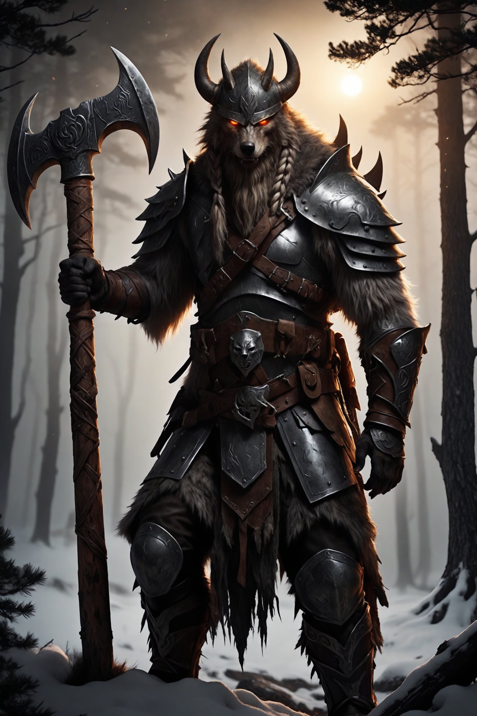 Werewolf warrior in Viking attire, massive greatsword resting on shoulder, fur-trimmed leather armor, Norse runes on axe, standing amidst ancient pine forest, misty atmosphere, moonlight filtering through branches, glowing amber eyes, wolf-like features, battle-scarred, muscular physique, braided beard, iron helmet with horns, snow-covered ground, distant howling, photorealistic style, dramatic lighting,LegendDarkFantasy,kawaii knight,cyborg,battle_axe