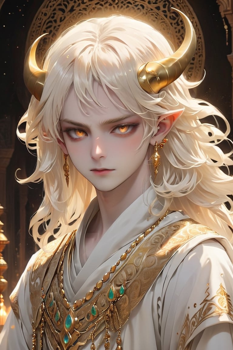 Beautiful albino demon boy,(long Demon horns:1.2), Arabian Nights-inspired ensemble, evoking the mystique and allure of the desert nights. Dressed in flowing robes adorned with intricate gold embroidery and jewels, he exudes an air of exotic elegance. His pale skin contrasts beautifully with the rich fabrics, while his eyes gleam with an otherworldly light. With each step, he moves with a sense of grace and confidence, embodying the enigmatic charm of the Arabian Nights tales, Despite his demonic nature, ,ani_booster,ct-niji2