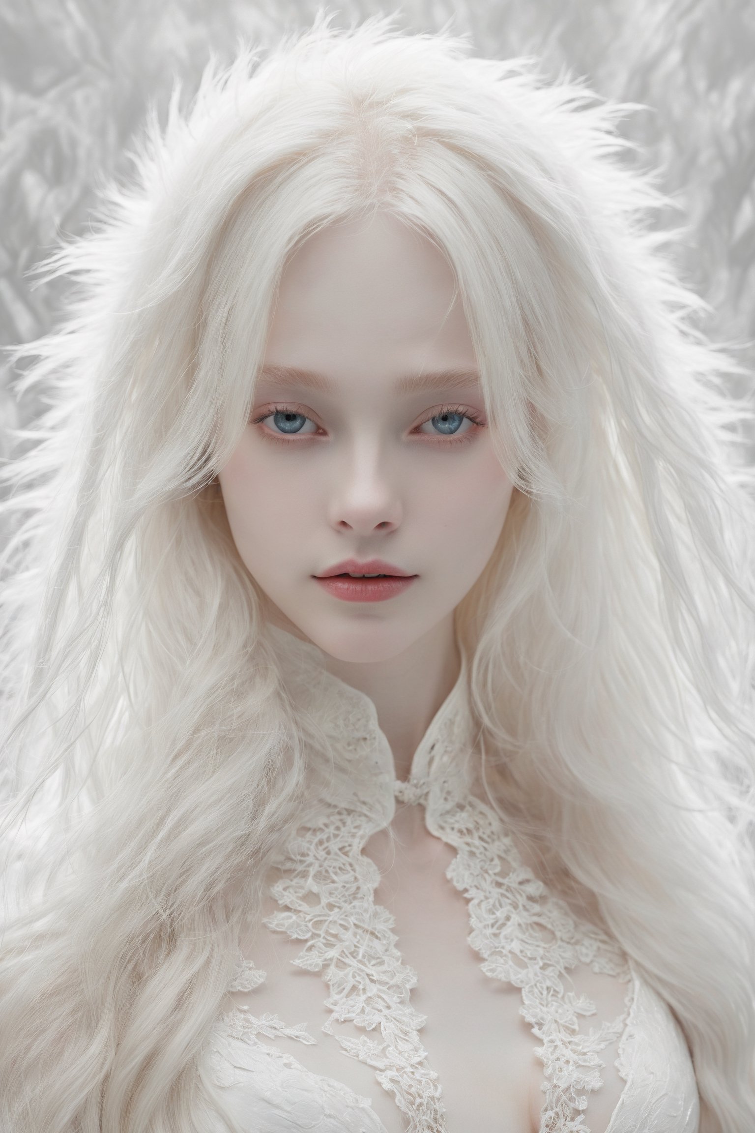 (best quality, 4k, 8k, highres, masterpiece:1.2), A creepy yet intriguing digital illustration portrait of a albino pale young girl, pure white hair,
psychedelic long hair, She wears a seductive white lace outfit with white fur accents, embodying the essence of allure and sensuality, ,valent_1314