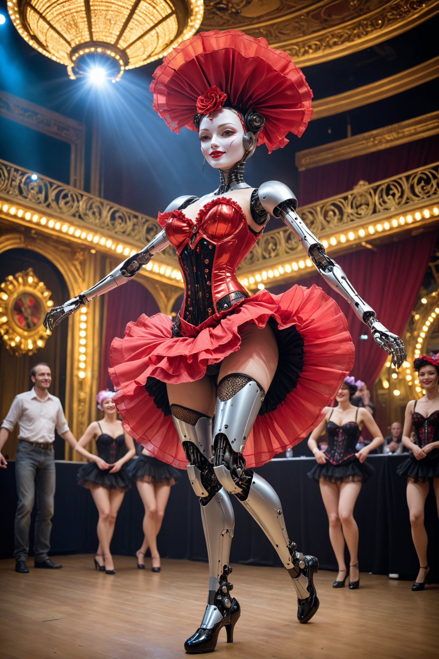 solo,1girl,Elegant humanoid robot,Beautiful robot face,performing a lively French cancan dance on a Parisian cabaret stage. The robot's sleek metallic body gleams under spotlights, with smooth joints allowing fluid movement. It wears a vibrant red and black ruffled skirt, corset, and fishnet stockings. Its face features expressive LED eyes and a coquettish smile. The robot's leg is kicked high, skirt swirling dramatically. Other robot dancers visible in the background. The stage is adorned with glittering lights and Art Nouveau decorations. The audience, a mix of humans and robots, watches in awe. Motion blur captures the energy of the dance.",FuturEvoLab-lora-mecha,Tech,Futuristic