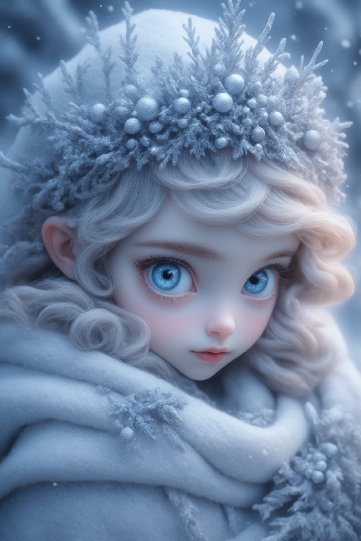 ultra Realistic, Extreme detailed, 1 girl 12years old,Christmas theme,girl of noble bloodline,(small eyes:1.2), the girl has Beautiful blue eyes,soft expression,Depth and Dimension in the Pupils,So beautiful eyes that 
Has deep clear eyes,detailed eyelashes,mesmerizing iris colors,
,(Dimly shining eyes),heterochromia_iridis, the skin color is closer to white, the girl should be at the bottom of the picture where only the top of her head is visible,
Christmas Fantasy World,perfecteyes,Anime ,3D