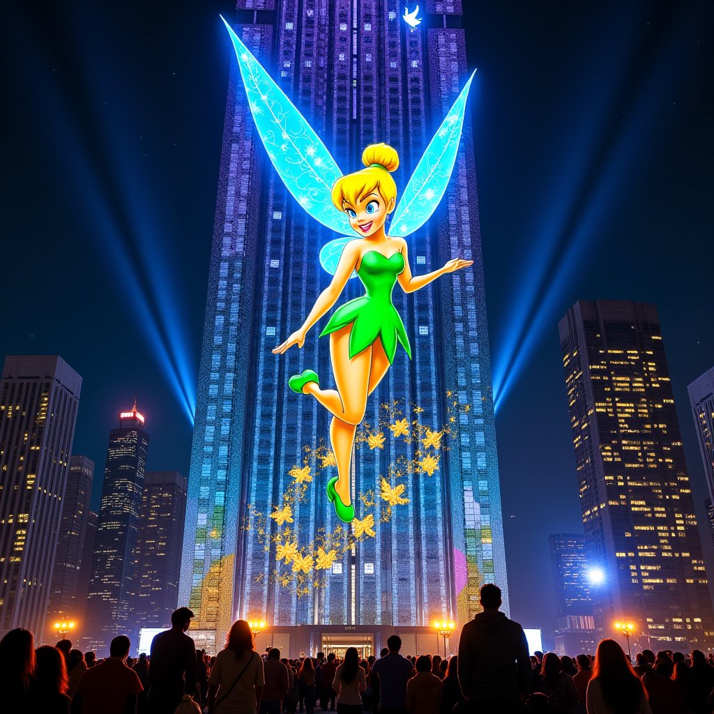 Colossal concrete skyscraper at night, its entire 100-story facade transformed by cutting-edge projection mapping. Animated Tinkerbell, 50 feet tall, pirouetting gracefully across the building's surface. Her gossamer wings span 30 feet, shimmering with iridescent blues and purples. Golden pixie dust trails behind her, creating intricate, swirling patterns that morph into blooming flowers and fluttering butterflies. Tinkerbell's blonde hair flows as she dances, her green dress sparkling.
The projected background shifts from an enchanted forest with towering trees and glowing mushrooms to an underwater scene with shimmering fish and coral. Twinkling stars and a crescent moon adorn the upper floors. Building's windows appear as firefly-lit lanterns or glowing fairy houses.
Ground-level spectators point up in awe, their faces illuminated by the display. Children on parents' shoulders reach out as if to catch falling pixie dust. High-powered projectors visible on nearby rooftops, beams of light cutting through the night air.
Surrounding city lights dimmed in comparison to the dazzling display. Occasional lens flares and light beams add photorealistic quality. Building's edges softened by the projection, creating an illusion of a magical floating structure in the urban landscape.,TinkerWaifu,blue eyes