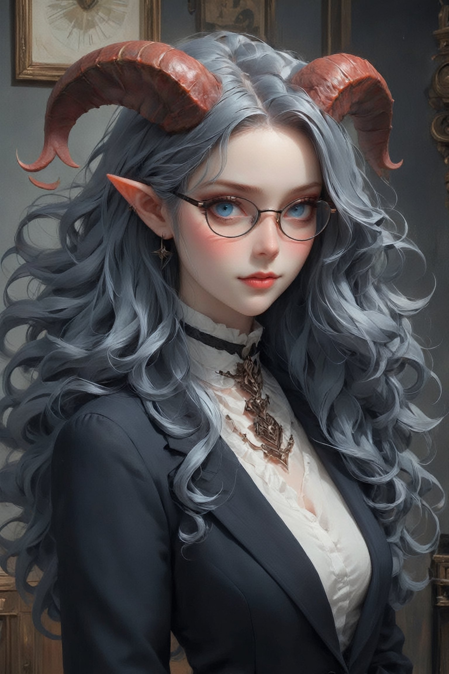 1Little girl, (masterful), albino demon queen, (long intricate horns:1.2),Long red hair,
Beautiful blue eyes, soft expression, (heavy black eyeshadow:1.2), Depth and Dimension in the Pupils,
deep cleavage, Girl in a sleek and professional outfit,glasses, embodying the essence of a career woman. She wears a tailored, form-fitting suit in charcoal gray or navy blue, accentuating her slender figure and exuding confidence and authority. Her crisp white blouse adds a touch of elegance, Completing the ensemble are polished heels and subtle yet stylish accessories, such as a sleek briefcase or a statement necklace
,Christmas Fantasy World,ct-niji2