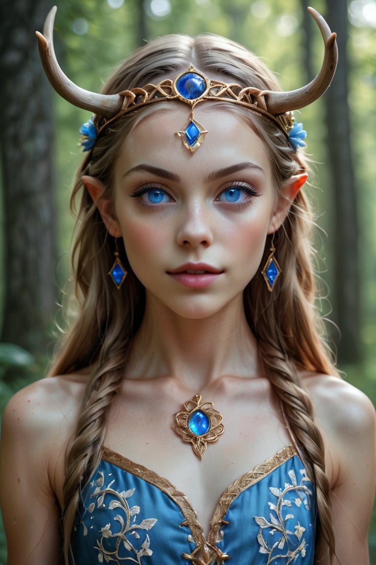 ancient Nordic legendary elf,She wears a crown adorned with intricately carved antlers,mysteriously blue eyes, adding an air of mystique and wisdom. Her attire is a flowing ancient Germanic dress, crafted from natural fabrics and decorated with detailed embroidery and runic symbols. The dress features earthy tones and elaborate patterns that reflect her deep roots in nature and lore.,Lace Blindfold,IMGFIX,zavy-hrglw,Realistic Blue Eyes,gl1tt3rsk1n