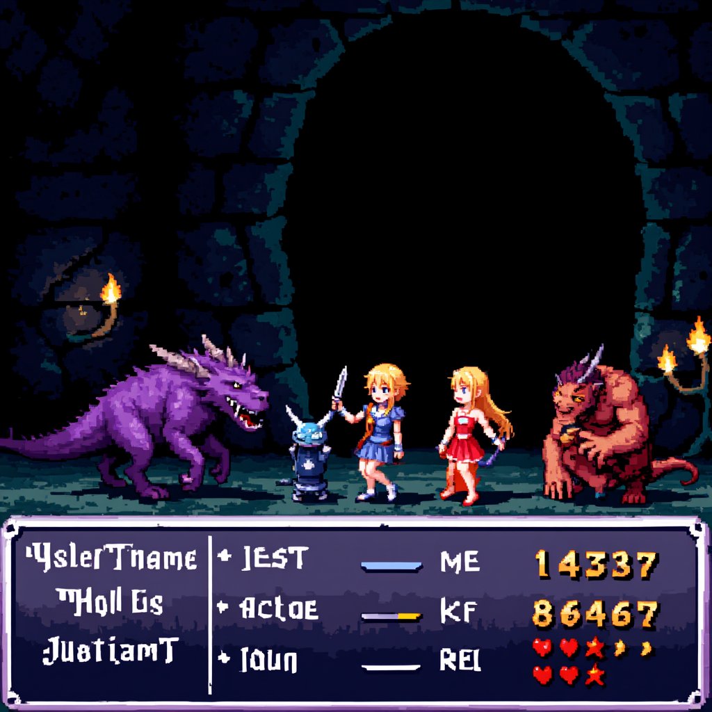 A pixelated battle screen from the Super Nintendo version of Final Fantasy showcases a turn-based combat sequence. In this scene, a party of four characters standing in a vertical line on the right side of the screen face off against a monstrous foe on the left. Each character is depicted in vibrant pixel art equipped with a sword, staff, and armor, and their sprites are detailed and classic in the 16-bit style. The background depicts a dark, eerie dungeon with stone walls and flickering torches.

A menu at the bottom of the screen displays the character's name, hit points (HP), and magic points (MP), as well as options such as "attack," "magic," "item," and "run." The turn-based nature of the game is reflected in the status bar as the player selects an action for each character. Enemies such as dragons and large ogres are detailed with menacing poses and sharp, colorful pixel art. The overall aesthetic captures the iconic look of early Final Fantasy games, blending fantasy and adventure in a nostalgic 16-bit format.
,Pixel Art