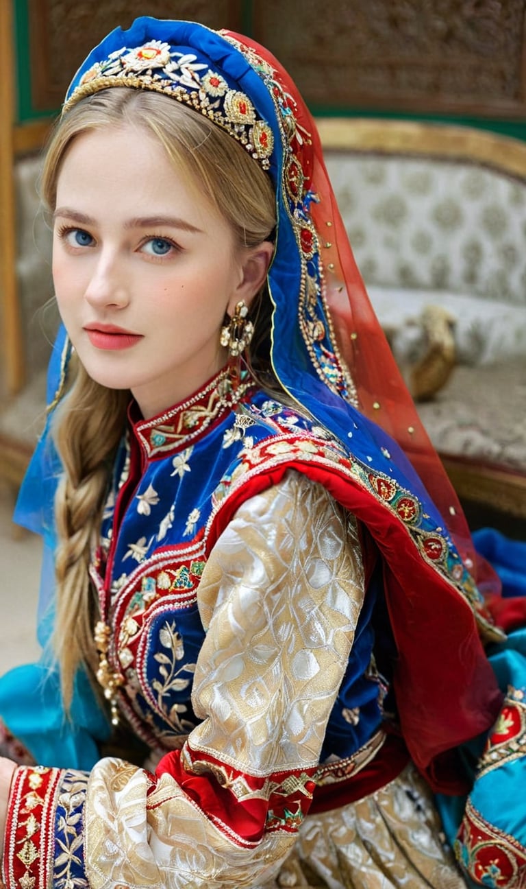 A woman of Scandinavian descent, long beautiful blonde hair, blue eyes, perfect beauty, wearing a beautiful traditional Tajik bridal costume.The luxurious dress is intricately embroidered in gold and red and is very colorful. full of happiness,
