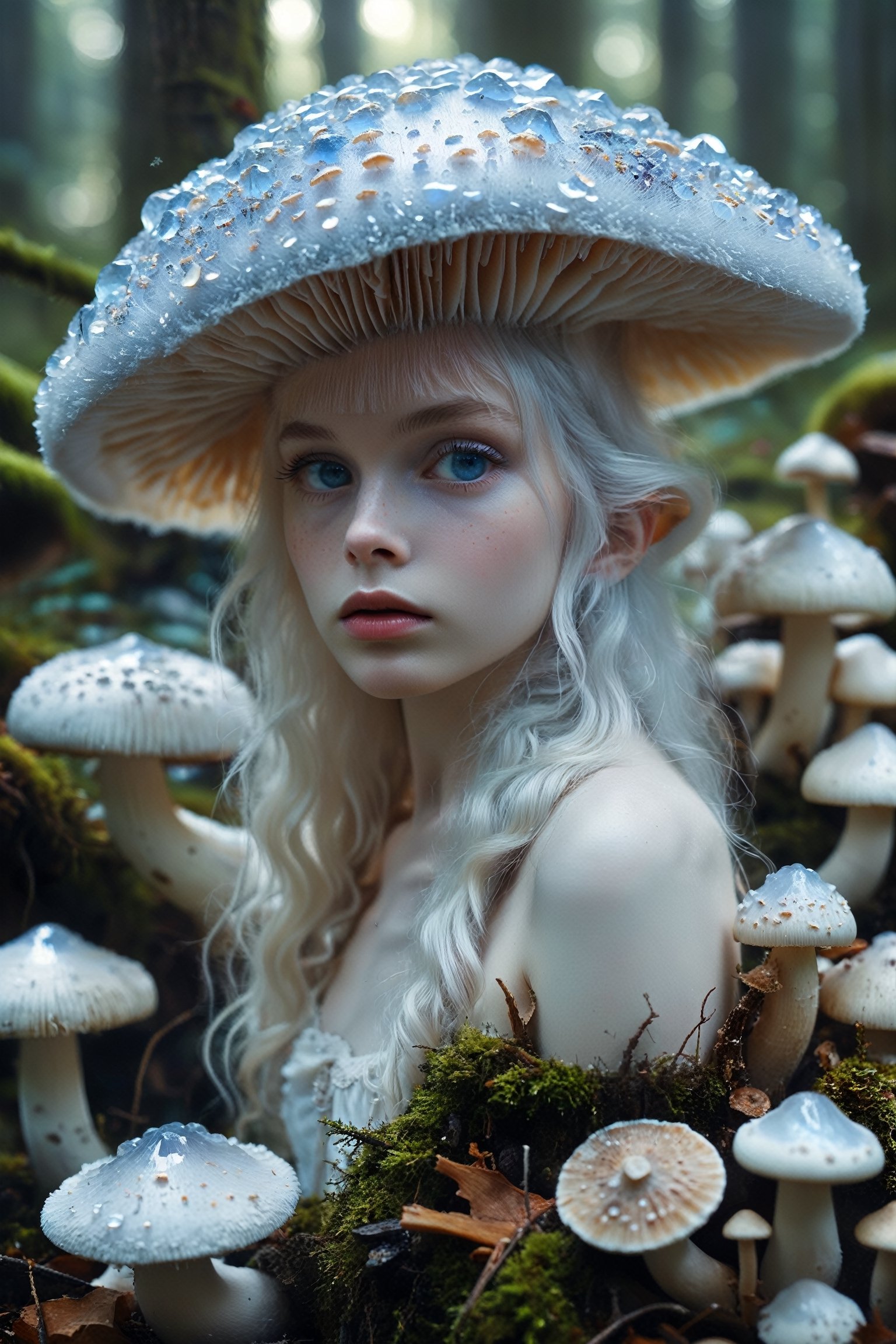albino mushroom girl, mushroom Head,((Mushrooms made of gemstones)), drill hair,
stands amidst the tranquility,Adorned with soft, pale-colored petals resembling mushroom caps and delicate mycelium cascading from her hair, she exudes ethereal beauty.,Her eyes silver or pale blue, convey mystery and wonder as she moves gracefully through the enchanted landscape, Surrounded by vibrant colors and playful woodland creatures, she embodies the magic and wonder of nature's hidden treasures.",mushroomz,dal,Amethyst ,Crystal game props,1girl