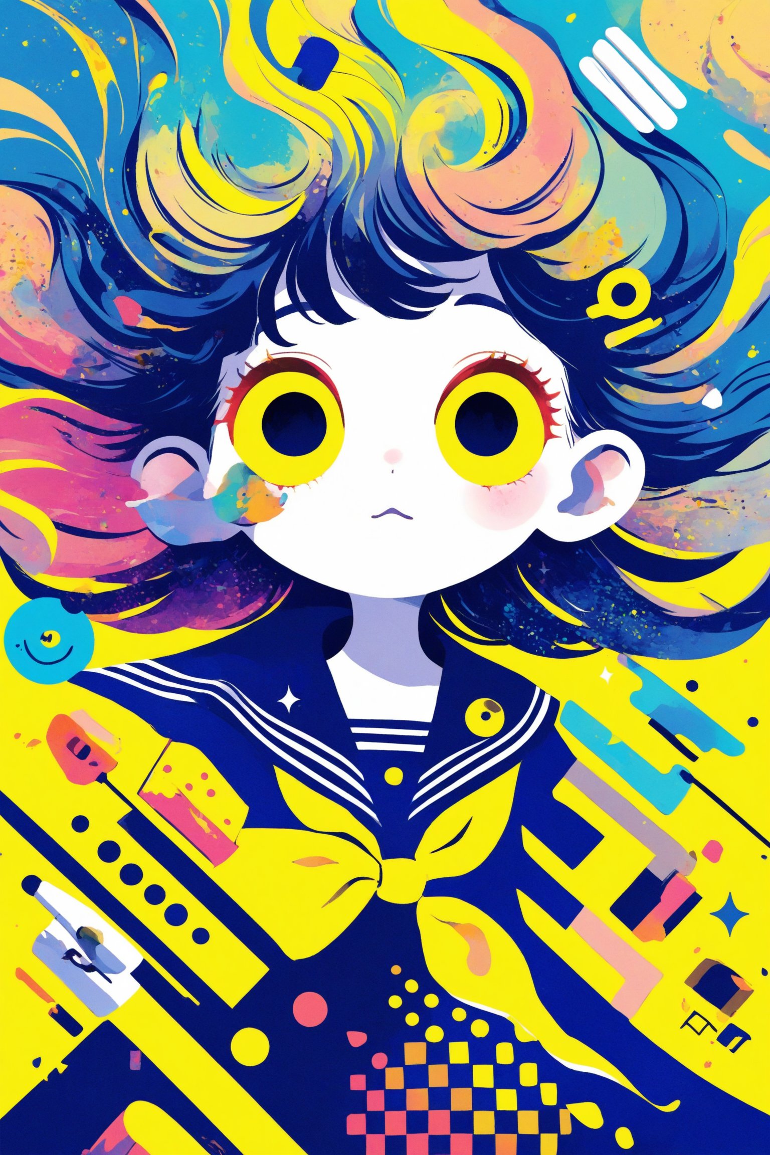 A kitschy and pop-style anime illustration,featuring an extremely deformed,1Girl,  girl in a sailor uniform,((exaggerated large eyes)), sparkling with excitement and an over-the-top, cheerful expression. Her sailor uniform is brightly colored with bold, contrasting hues and glittering accents. She has voluminous, flowing hair adorned with cute accessories like bows and stars. The background is vibrant and busy,gloriaexe,txznf,aestheticfi