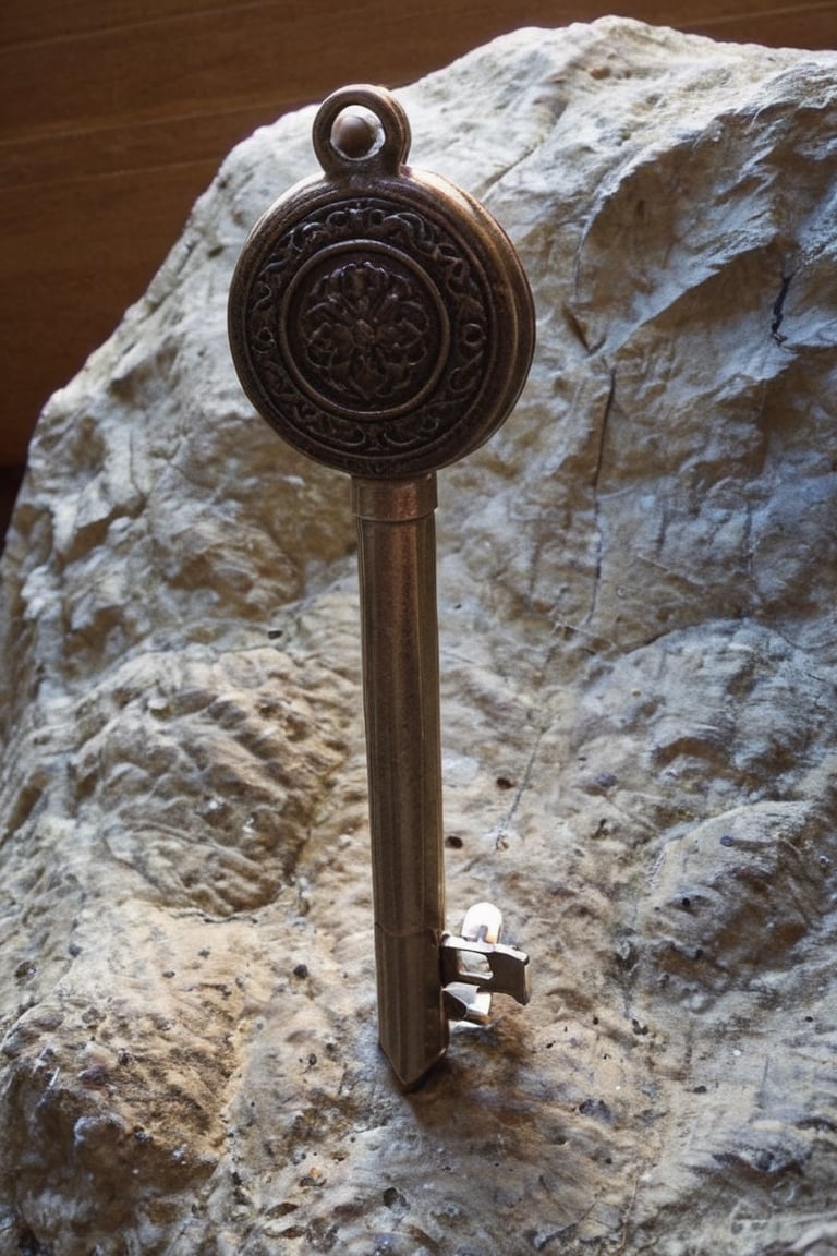 "Imagine a car key protruding from a rock, an unexpected and surreal sight amidst the rugged landscape. The key, firmly embedded in the stone, seems both out of place and strangely intriguing