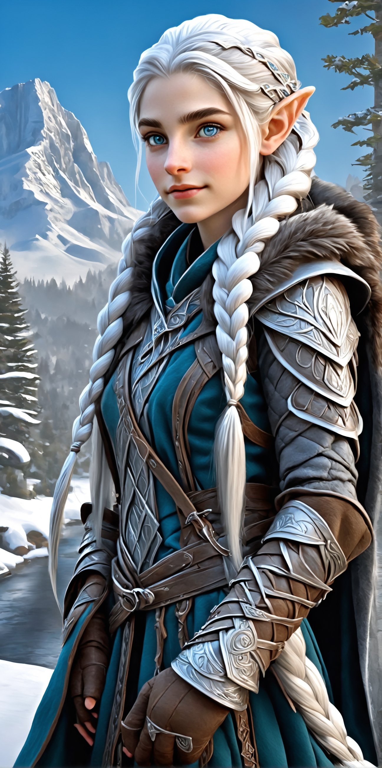 Extreme detailed,ultra Realistic,
beautiful young ELF lady,platinum silver shining hair, long elvish braid, side braid, blue-grey eyes,elf ears,(carries a beautiful hawk on arm:1.2),
Wearing Celtic leather Armor, hooded cloak, animal fur hood, intricate clothing, animal fur clothing, dark clothing, waistband, scarf, soft smile, bending posture, looking into the distance, 
snowy mountain scenery, overlooking valley, river, white clouds, seen from behind,ol1v1adunne