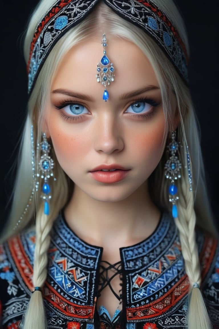 Super detailed, super realistic, beastly,beautiful Nordic girl,
 wears old folk costume, long straight black hair, Yakuts folk costume, beautiful crystal blue eyes, almond eyes, intricate textile decorated with colorful and intricate geometric patterns, arm ornamentation, decorative embroidery.
Beautiful crystal blue eyes, almond eyes, intricate fabrics decorated with colorful and intricate geometric patterns, clothes in earth colors such as White red and green,,aw0k euphoric style, ,perfect likeness of TaisaSDXL,dal