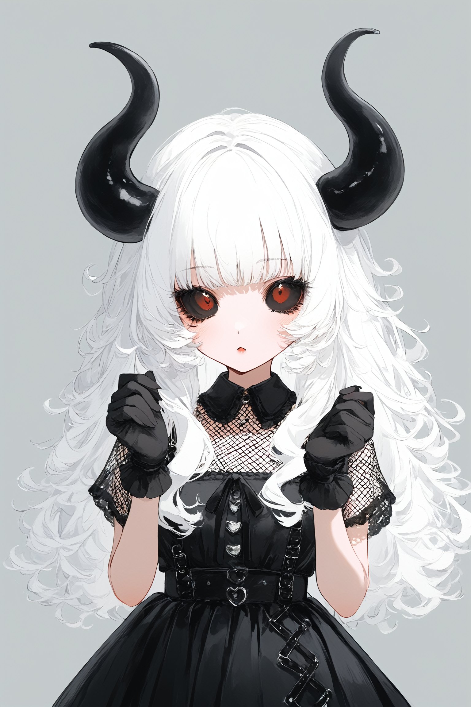 Shoujo manga style,1girl,ultra cute, Harajuku Style grunge fashion with kawaii and Lolita themes, albino demon girl,(pure white 
long hair),(black sclera;1.2),luxury mesh fishnet blouse,dal-1,ct-niji2,black hands