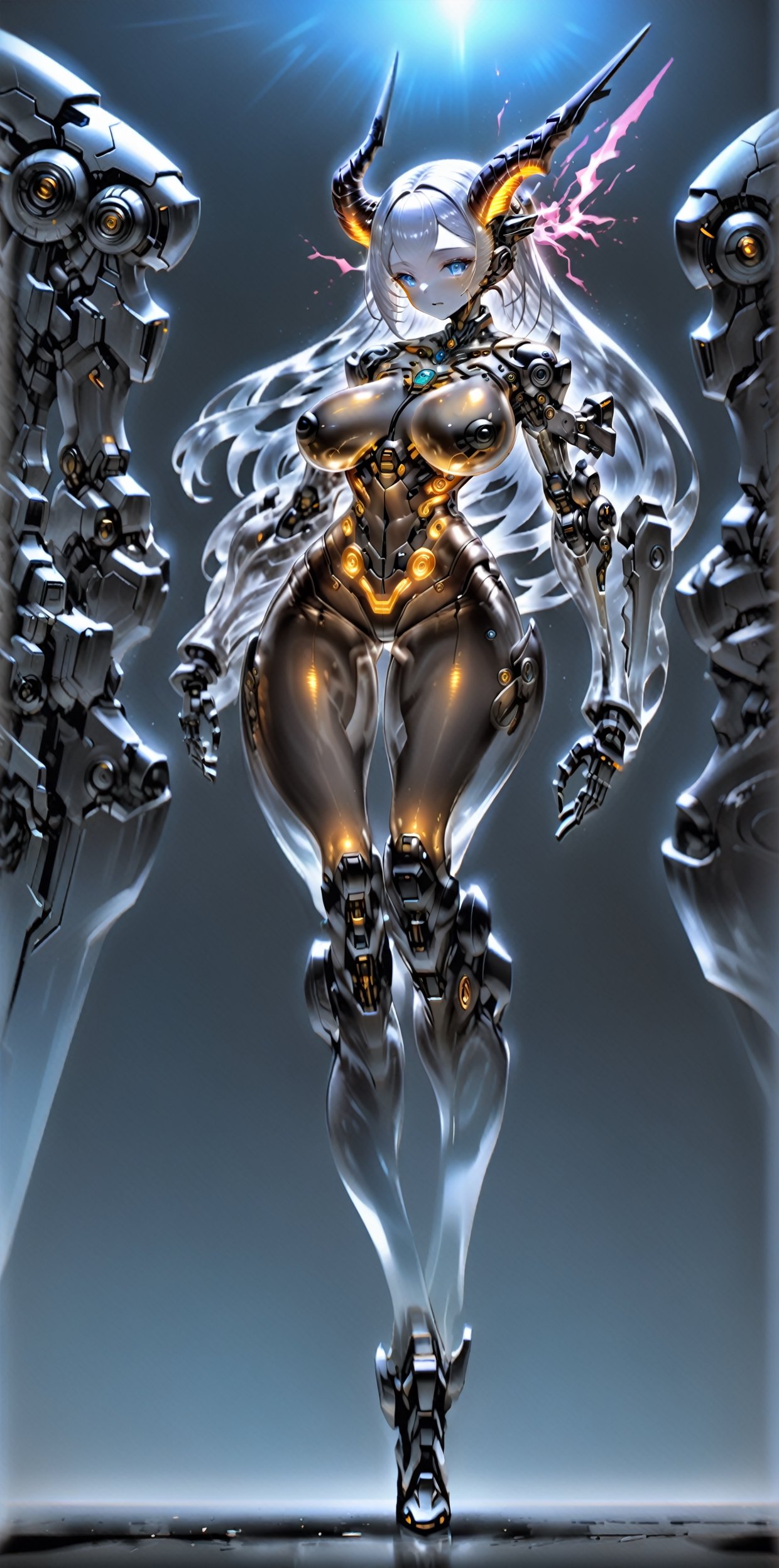 albino robot Girl, (long intricate horns:1.2),Giant weapon arms, adorned with ((transparent body parts)), revealing the intricate machinery inside, giant robotic weapon, smooth and angular design despite transparent parts, pulsating energy and intricate circuitry visible through transparent body parts.,Elegant curvaceous beauty,robot, mechanical arms,Glass Elements,Clear Glass Skin,hubg_mecha_girl,skinbodysuit,Blue Backlight,cyborg,bodysuit,breast bags