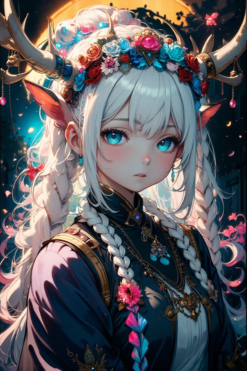 albino demon girl, (Long deer horn: 1.2) ,A shaman with deer antlers,(many ornaments hanging from the horn),crazy alternate hairstyle, amazingly intricately hair,colorful color hair, each braid painstakingly created,decorated with delicate accessories and beads,aesthetic,Beautiful Blue eyes, ,Rainbow haired girl ,dal-1, art nouveau,emo,1girl,Anime Style