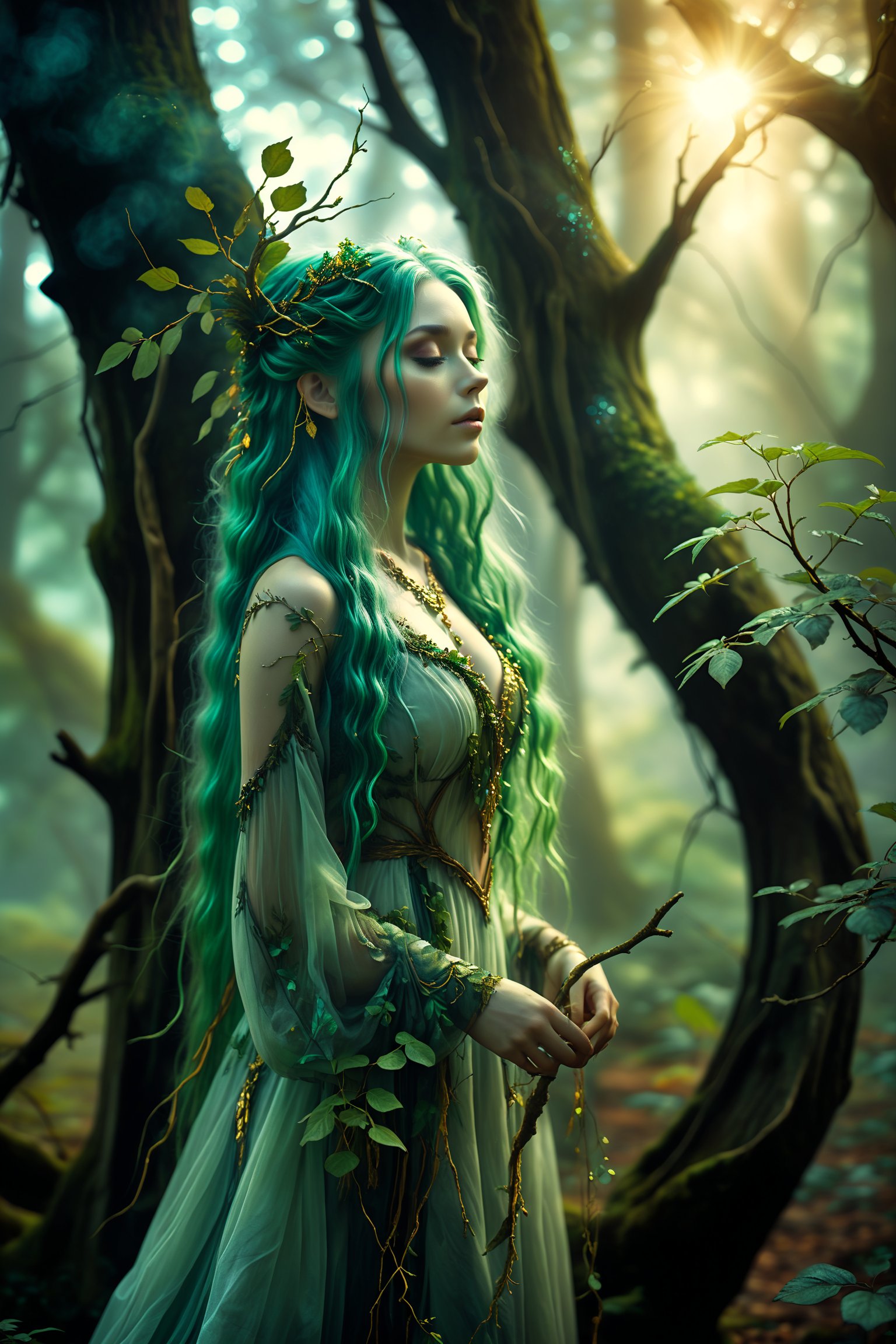 1girl,eternal forest fairy,Enchanted forest scene with a Skogsrå,Beautiful woman with long green hair, putting a tree branch in her hair,
Magical surroundings, ancient trees,misty air, Ethereal lighting, dappled sunlight, Dress of living plants. Hidden fantastical creatures,High fantasy style, photorealistic details, vibrant green and gold palette,Depth of field effect,,Wonder of Beauty