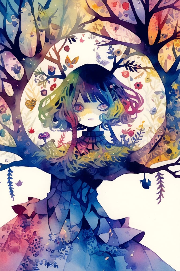 Emo Kitsch design,crazy colorful illustration,Simple art,Treant, tree with a cute face, a face covered in flowers,(only Face:1.2),(face seen from the side),emo,watercolor \(medium\), ,Anime girl,papercut,dreamscape,Flat Design,doodle,doodleredm