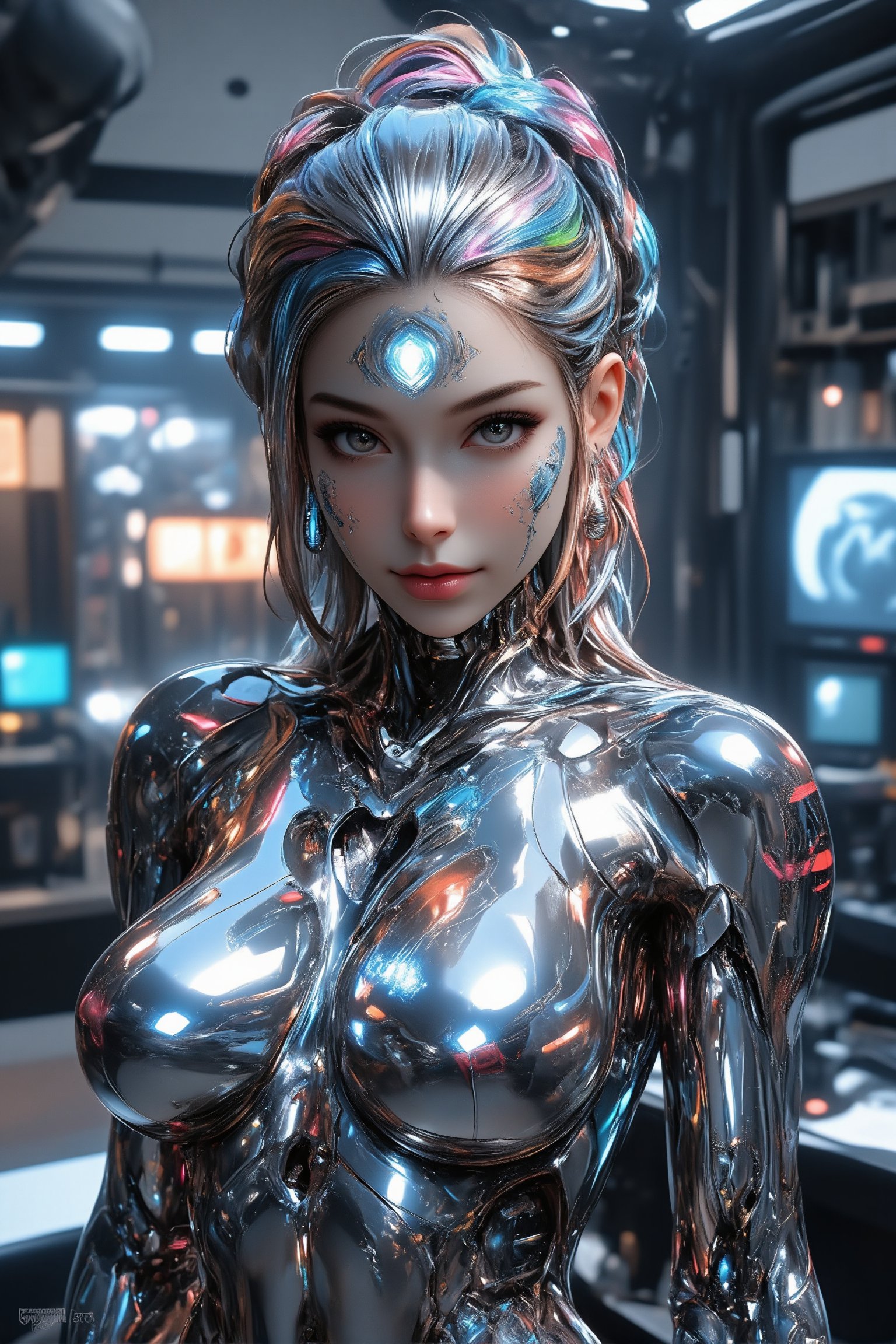 A sleek female cyborg with a mirror-polished chrome body, reflecting its surroundings. Feminine curves accentuate its robotic form. Vibrant, multicolored cables extend from its head like hair, flowing in various directions. Intricate, glowing blue-white tattoos cover the cyborg's metallic skin, creating complex patterns and circuitry designs. The tattoos pulse with a soft, ethereal light. The cyborg stands in a futuristic laboratory setting, surrounded by holographic displays and advanced technology. Its eyes emit a gentle, intelligent glow. Hyperrealistic details, 8K resolution, ray tracing, cinematic lighting.,\mechako\,cyborg_master, QTGIRLREAL