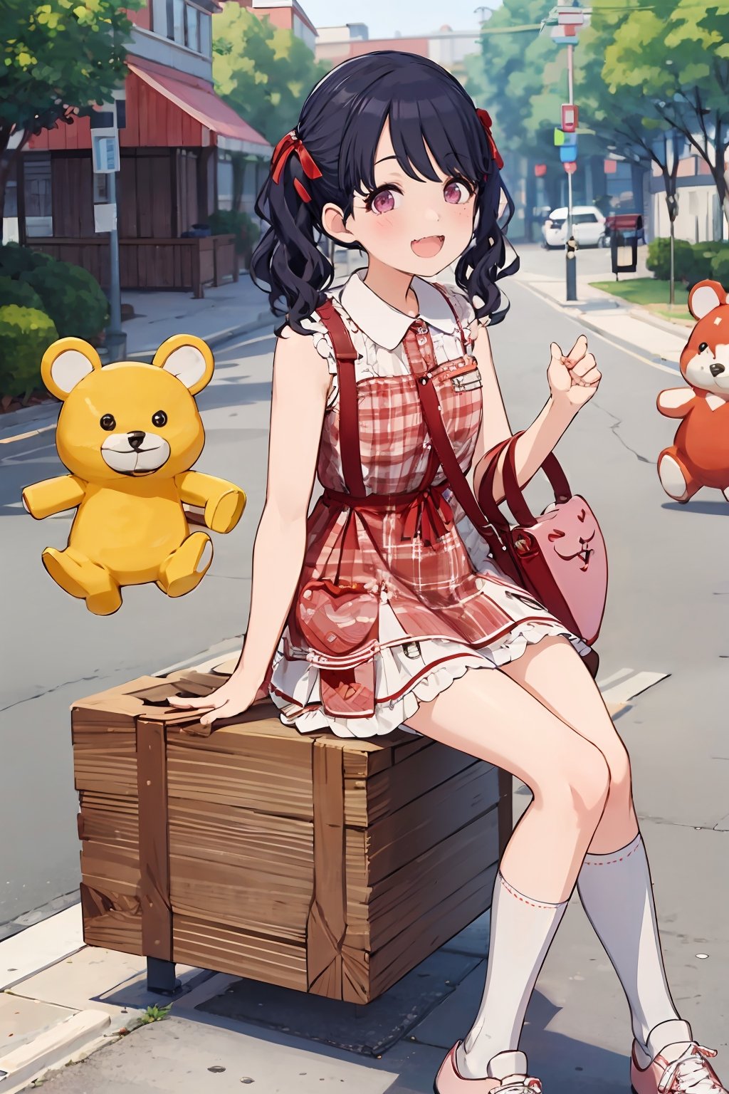  ,koitosc, 1girl, solo, looking at viewer, smile, open mouth, shirt, black hair, dress, ribbon, twintails, sitting, purple eyes, hair ribbon, outdoors, shoes, sleeveless, day, socks, medium hair, bag, plaid, kneehighs, fangs, stuffed toy, stuffed animal, blue shirt, white socks, sneakers, handbag, shoulder bag, road, plaid dress, skin fangs, brick floor