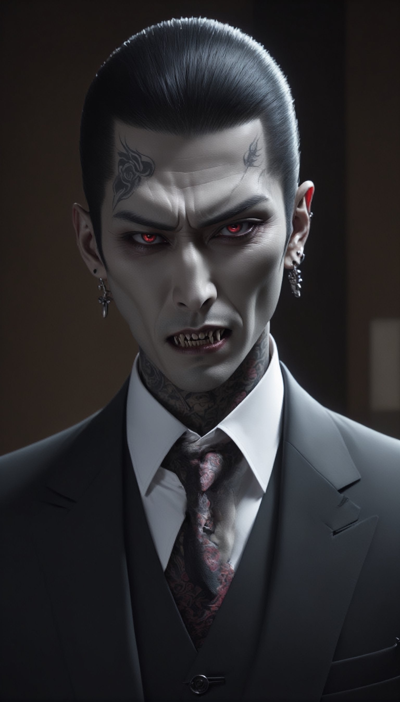 "Visualize a vampire exuding the aura of a Yakuza boss, blending the elegance of the undead with the ruthless demeanor of a Japanese underworld figure. Clad in sleek, tailored suits adorned with intricate tattoos, this vampire commands respect and fear alike. His pale complexion and piercing gaze hint at his supernatural nature, while the traditional Yakuza symbols woven into his attire pay homage to his roots. With each step, he exudes an air of authority and danger, embodying the perfect fusion of vampiric allure and Yakuza sophistication."