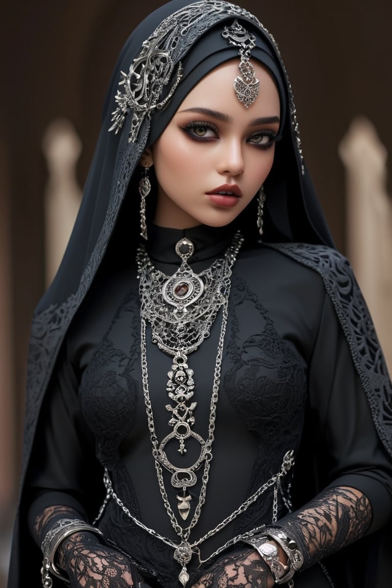 extreme realistic,1  woman,Beautiful middle eastern woman,adorned in a striking fusion of traditional Islamic ethnic attire and edgy Gothic punk fashion. Envision her wearing a sleek, floor-length abaya embellished with intricate lace patterns and adorned with chains and studs, giving it a modern and rebellious twist. Picture her hijab transformed into a statement piece, featuring bold prints or dark, dramatic colors, accented with metal spikes or safety pins. Imagine her accessorizing with chunky leather boots, fingerless gloves, and layered chains, ,photo_b00ster,Mavelle