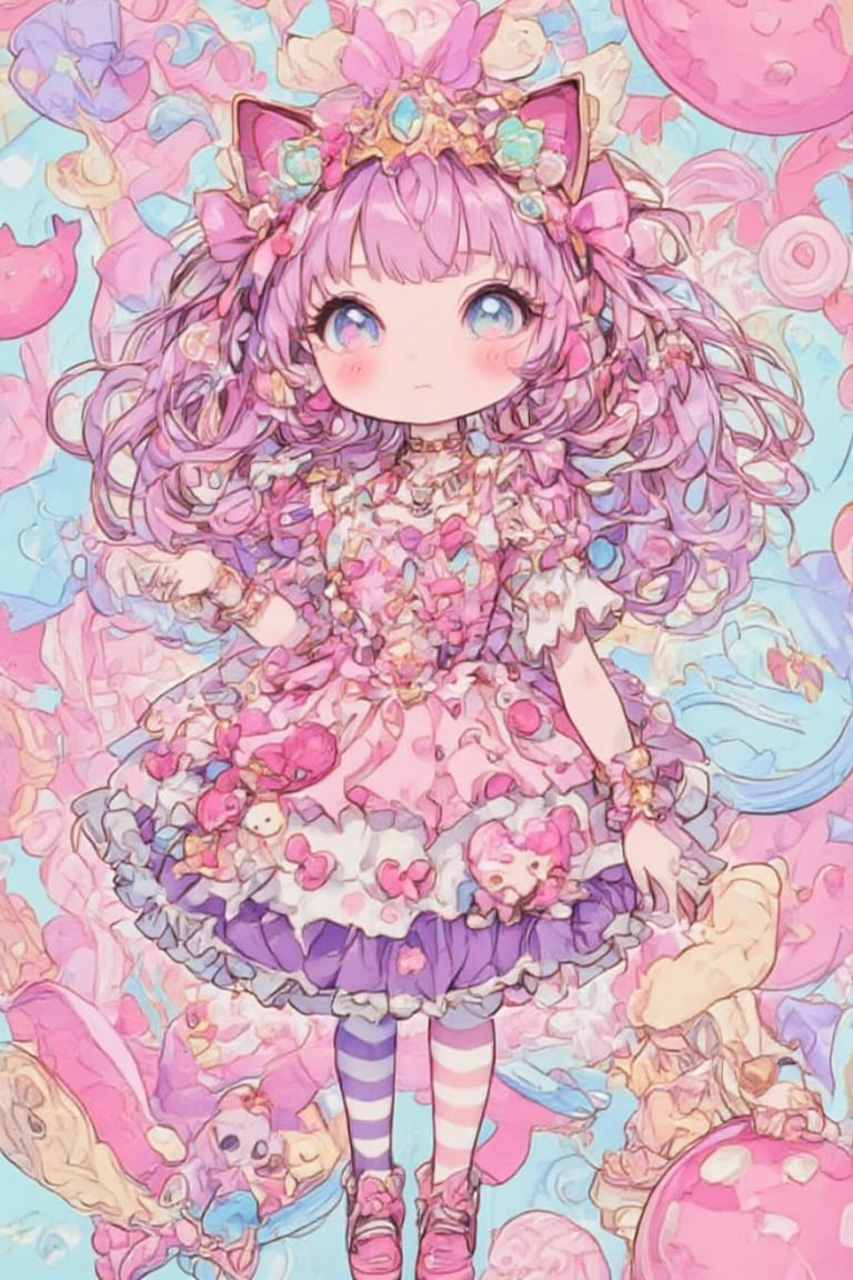 1girl ,vtuber anime character design,love＋peace＋ice cream,big Eyes,(Eyes that protrude from the contours of the face:1.3),(Extremely deformed eyes:1.4),
An over-the-top maximalist Vtuber character in hyper-decorative pink Lolita fashion. Her anime-style face features enormous, sparkling eyes in gradient pastel colors, framed by impossibly long eyelashes. Her multi-layered hair cascades in a riot of pastel pinks, purples, and blues, adorned with an excess of bows, flowers, and glittering accessories. She wears a frilly, cupcake-shaped dress in various shades of pink, covered in lace, ribbons, and ruffles. The dress is further embellished with candy motifs, stuffed animals, and miniature tea sets. Multiple petticoats peek out from beneath, each a different shade of pink. She sports striped stockings and platform shoes with heart-shaped buckles, Numerous bracelets, rings, and necklaces adorn her, along with a tiara and cat-ear headphones, background is a dizzying collage of pastel colors,anime style,anime girl,future0615,niji,Chibi-chan,ct-animepopstyle