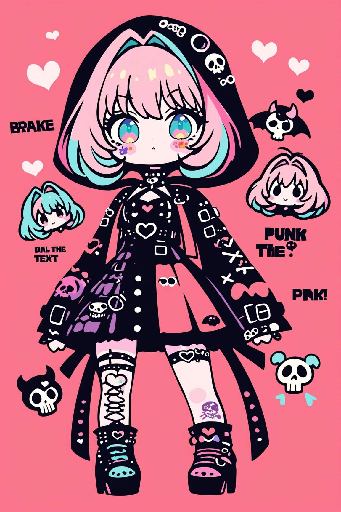 solo,cute Little girl,yumemi riamu,Little Red Riding Hood in a fusion of Japanese-inspired Gothic punk fashion,Red Hood, kimono-inspired gown with Gothic accessories, punk-inspired details,Emphasize the unique synthesis of styles, 
brake
(the text "反抗"),("Punk" text), heart \(symbol\),  Skull\(symbol\), 
pastel goth,dal,colorful,chibi emote style,artint,dal-6 style,sticker