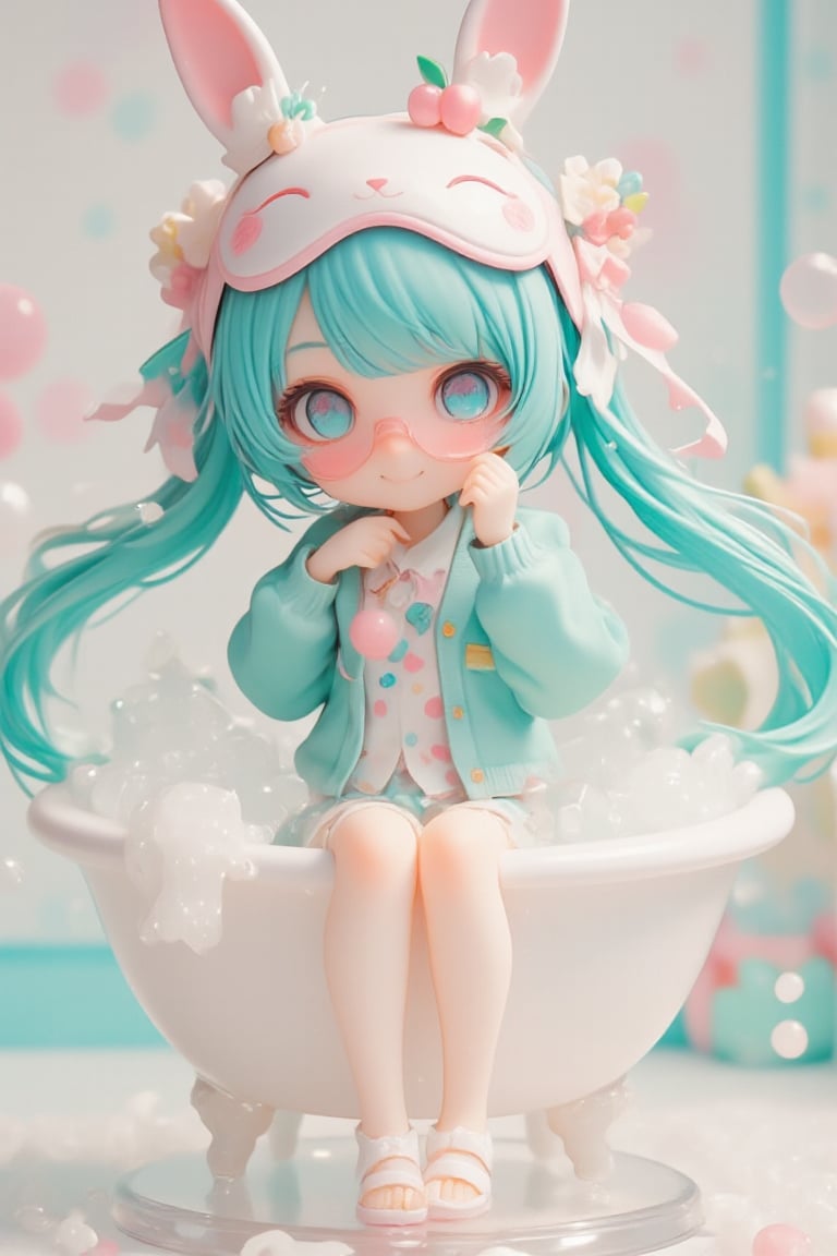 3D,Cute anime-style chibi figure, a girl with long, flowing turquoise hair. Big expressive blue eyes behind pink round glasses. Wearing a white polka dot dress with pink and blue dots, pink trim and a teal blue underskirt. Teal blue cardigan sweater, white and pink animal shaped eye mask on head with eyes closed, small bone decoration and blue ribbon. Pink ribbon in hair,Pink cherry shaped pendant necklace. White rabbit shaped slippers,Posed with one hand raised close to face. Bright expression, figure is immersed in a miniature bathtub full of bubbles,sit down,
Very well-made plastic figure on a clear stand. Soft pastel color palette. Professional product photography lighting and setup. ,lyh,dal,create figure 2,