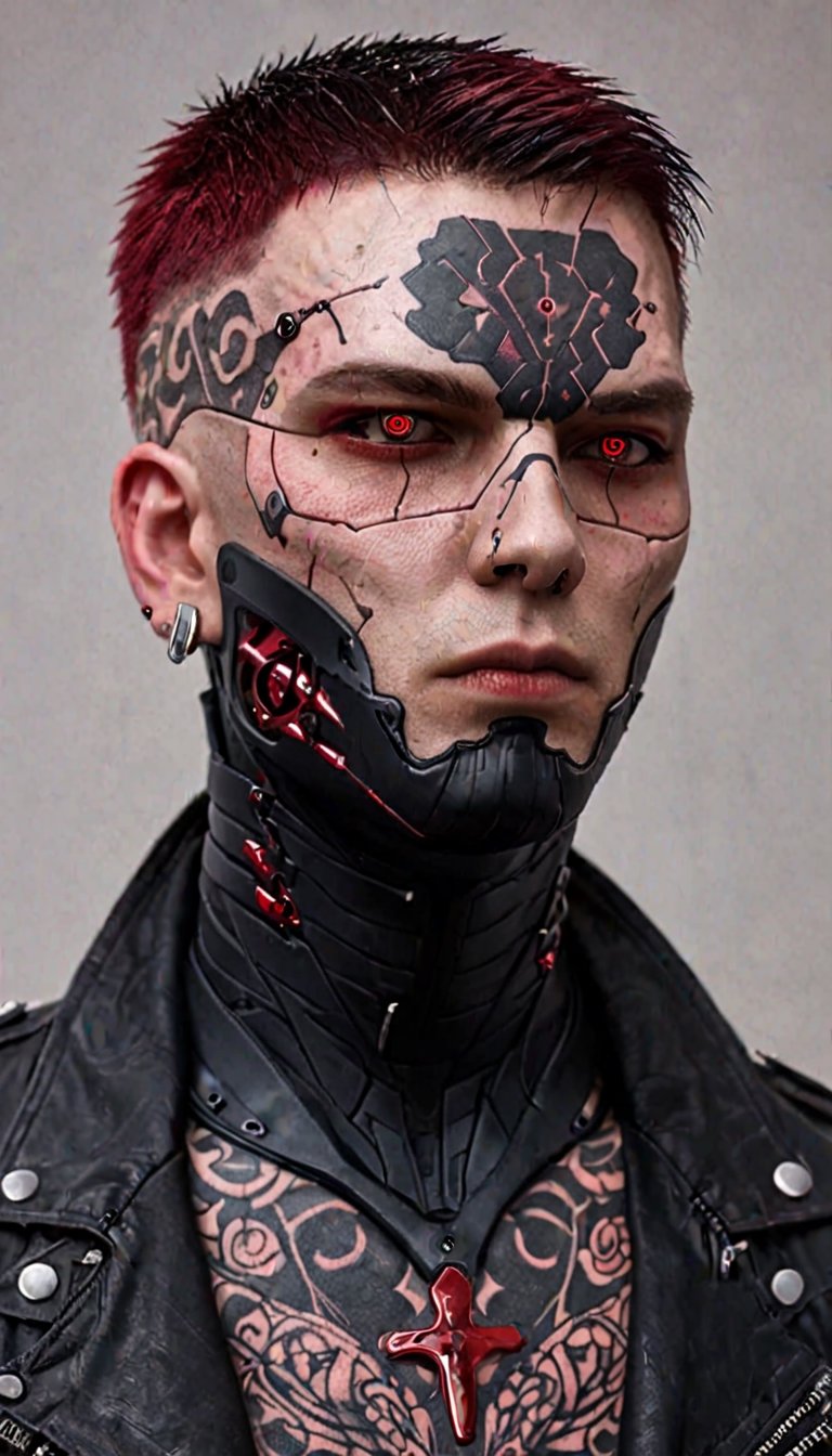 1man,High tech cybernetic vampire, detail, high detail,short hair, vampire with bloody crimson dagger,((briar pattern tattoo on forehead:1.4)), jet black armor, red spikes, red blood, crimson blood, 2077, cyberpunk, zavy-cbrpnk, faceplate