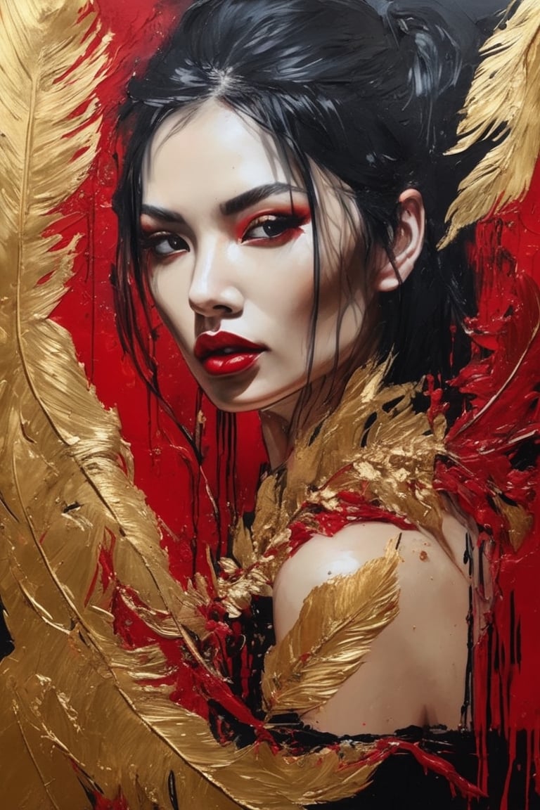 gold leaf painting,
beautiful vampire,blurred eyes,swan feathers, bright, pastel, exotic atmosphere, complex embroidery, meticulous brushwork,  Drips golden paint,flow of black and red ink,APEX SUPER REAL FACE XL ,art_booster