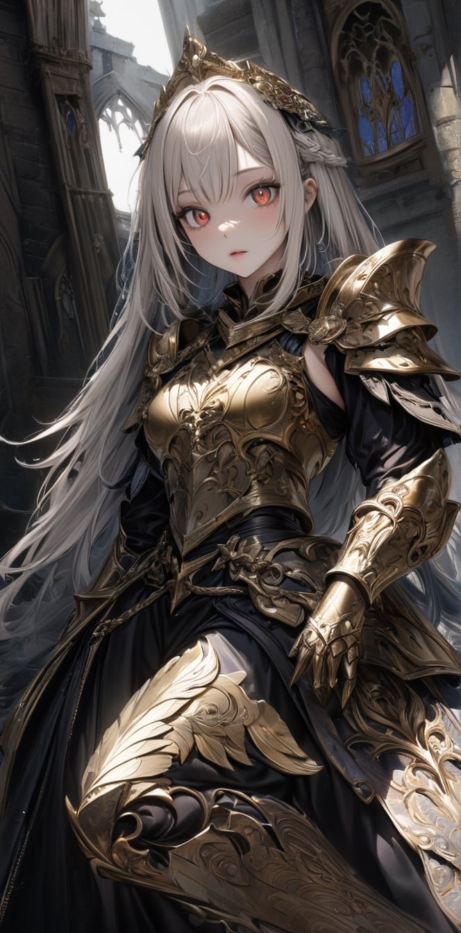 ultra Realistic,Extreme detailed,
1 girl, (masterful),albino drow angel girl, slit pupil eyes, 
Wearing Medieval black Knight Armor,Gold carved full plate Armor,
 best quality, highest quality, extremely detailed CG unity 8k wallpaper, ,cutegirlmix