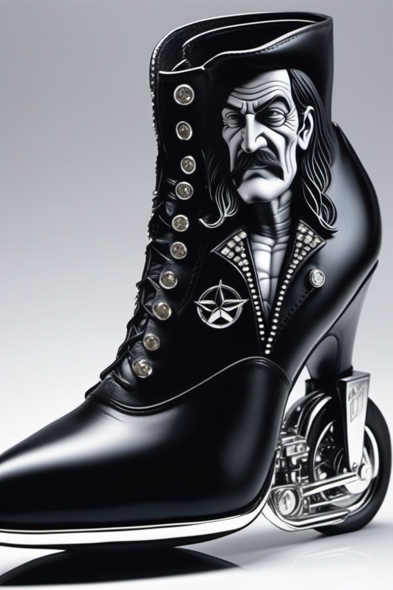 Photorealism (1man,Lemmy Kilmister:1.1) ,the motherFucker driving a black leather boots car, bling bling,
, Photorealism, often for highly detailed representation, photographic accuracy, or visual illusion.,hhc,high heel car,H effect