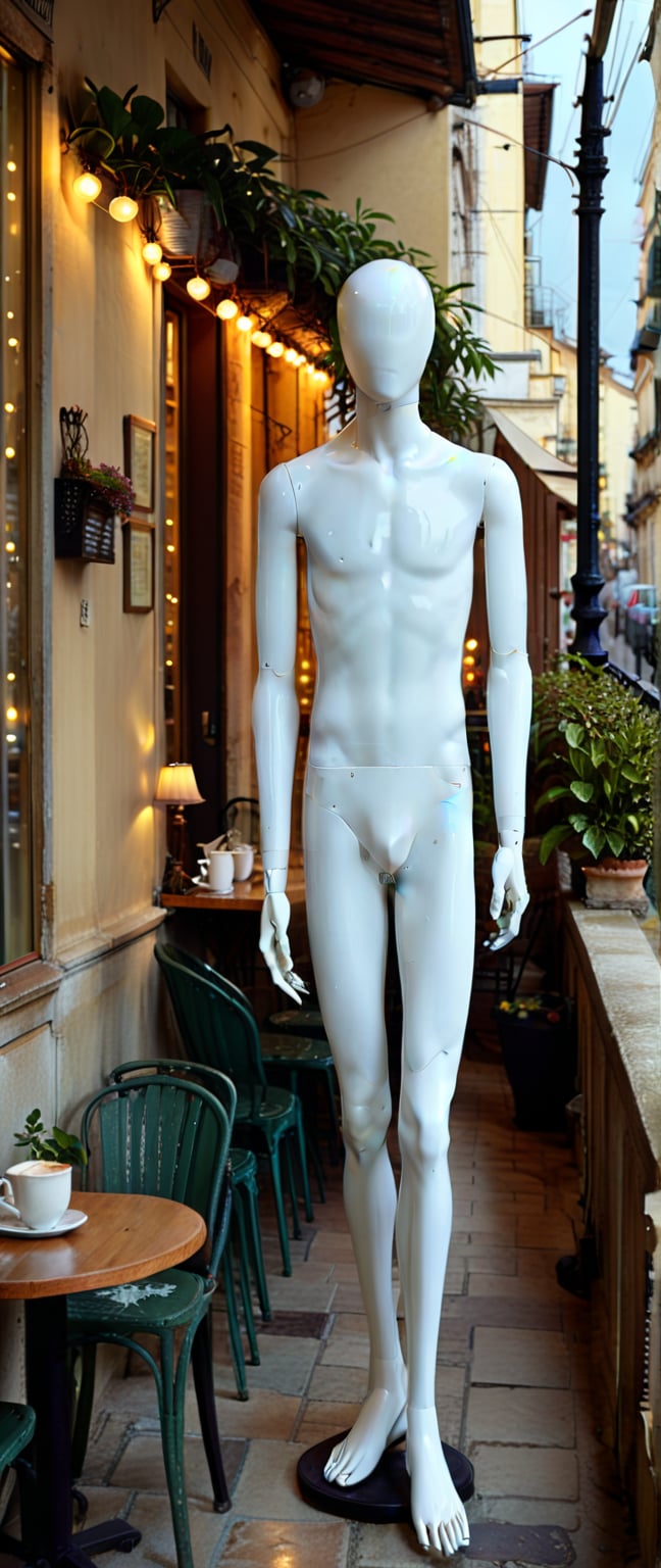 A creepy Male mannequin, with abnormally long arms and legs, standing in the corner of a café terrace. The mannequin's elongated limbs create an unsettling, distorted appearance, its lifeless eyes staring blankly ahead. The café terrace is softly lit, with tables and chairs arranged casually, some occupied by patrons enjoying their drinks. The background includes strings of fairy lights and potted plants, creating a cozy and inviting atmosphere that starkly contrasts with the eerie presence of the mannequin. Shadows cast by the terrace lighting enhance the mannequin's unsettling aura, making it stand out in the otherwise pleasant setting.",Mannequin,Abloom model