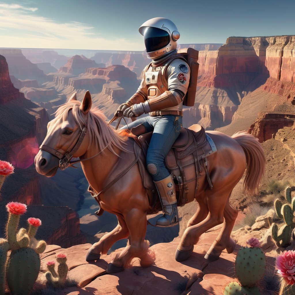 1man, burly cowboy in a sleek astronaut helmet rides across the majestic Grand Canyon on horseback, the light of the setting sun illuminating the red rock formations,
Stars twinkle on the darkened sky. Cowboy leather boots and denim jeans contrast with a futuristic helmet. Cacti and tumbleweeds dot the foreground. realistic style, cinematic lighting,astronaut_flowers,,ParallelObserver