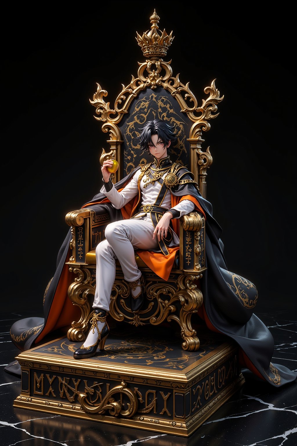 3D, Figure, Highly detailed anime figure, A young male character sits on a giant throne with glittering golden runes. Elegant white and black outfit with golden trim fits snugly to his body. Flowing cape, orange on the inside, dark messy hair, sharp features wearing a small crown. Attractive golden accessories, character lounging casually, holding a golden apple in one hand, figure on a square gold and black pedestal. Ultra-realistic texture, glossy finish. Crisp contrast of black, white and gold elements. Dramatic lighting enhances the 3D effect. Marble-like background. Professional product photography style, slightly angled view. Ultra-high resolution, cinematic color grading highlighting the gold and black colors. The scale figure is approximately 1/7 and highlights the exquisite craftsmanship.